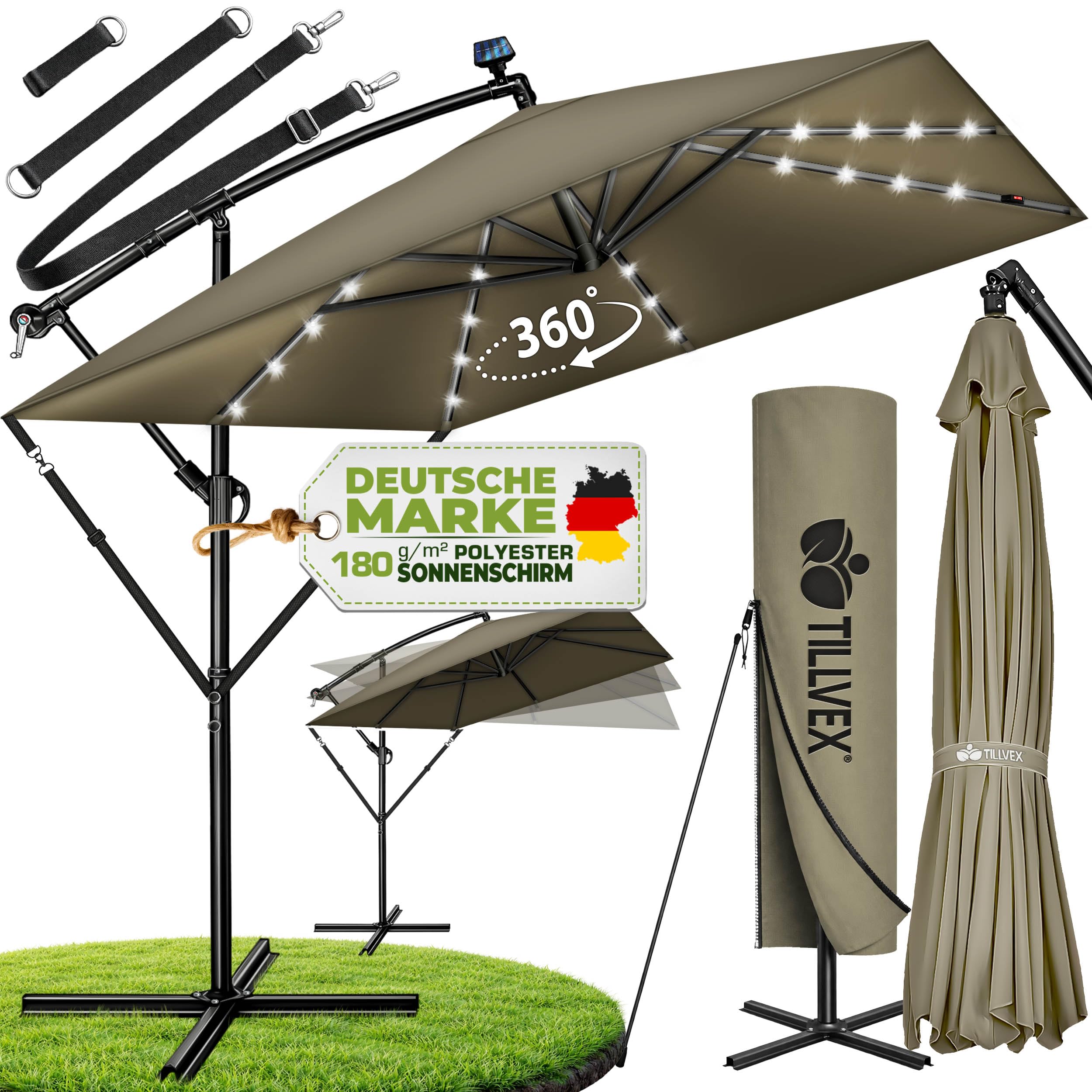 tillvex® Sonnenschirm Rechteckig Ø 330 cm + Abdeckung, Kurbel & Windschutz | Ampelschirm Aluminium Eckig mit Ständer | Alu Gartenschirm UV-Schutz | Kurbelschirm wasserdicht, 360° drehbar Terrasse Garten