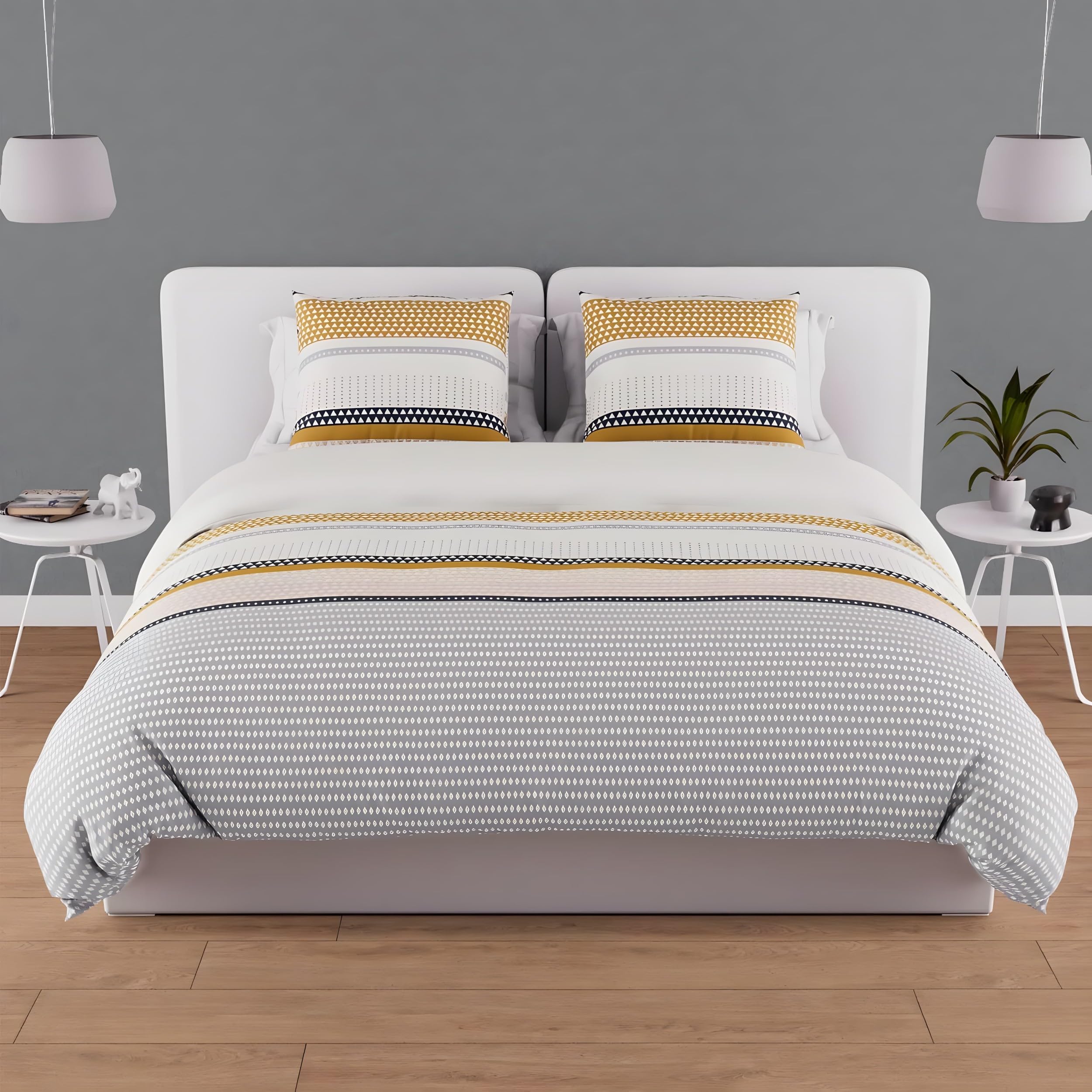 YZQGLHP Gray and Yellow Geometric King Duvet Cover Sets Minimalist Style 3D Printed Duvet Cover Bedding Comfortable Microfiber Duvet Cover and 2 Pillowcases 50x75 cm, Perfect