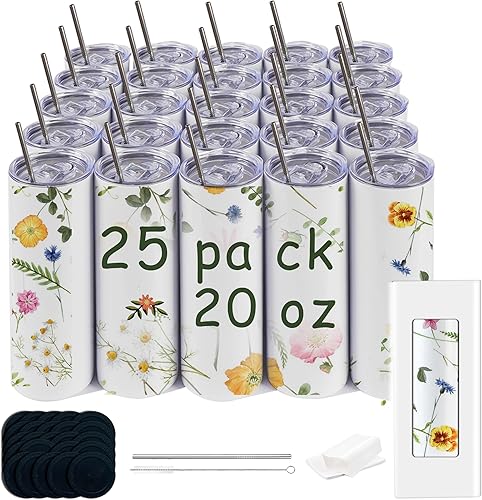 Paquete de 25 vasos rectos de sublimación de 20 onzas, vaso de vacío de acero inoxidable de doble pared con pajita de metal y tapa de silding para