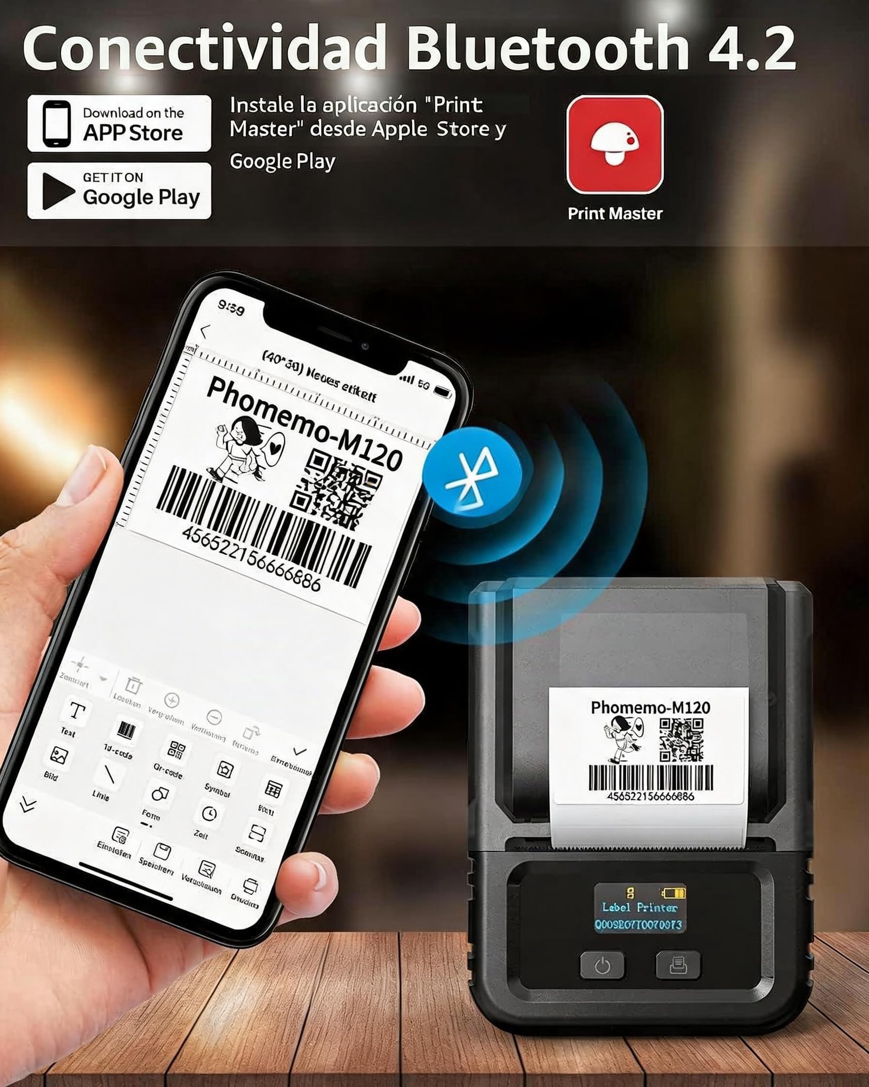 Phomemo M120 Etikettendrucker mit 3 Rollen Etikettenpapier, Bluetooth Thermo Beschriftungsgerät,Tragbare Monochrom Etikettiergerät für kleine Unternehmen, Heimetiketten, for iOS & Android