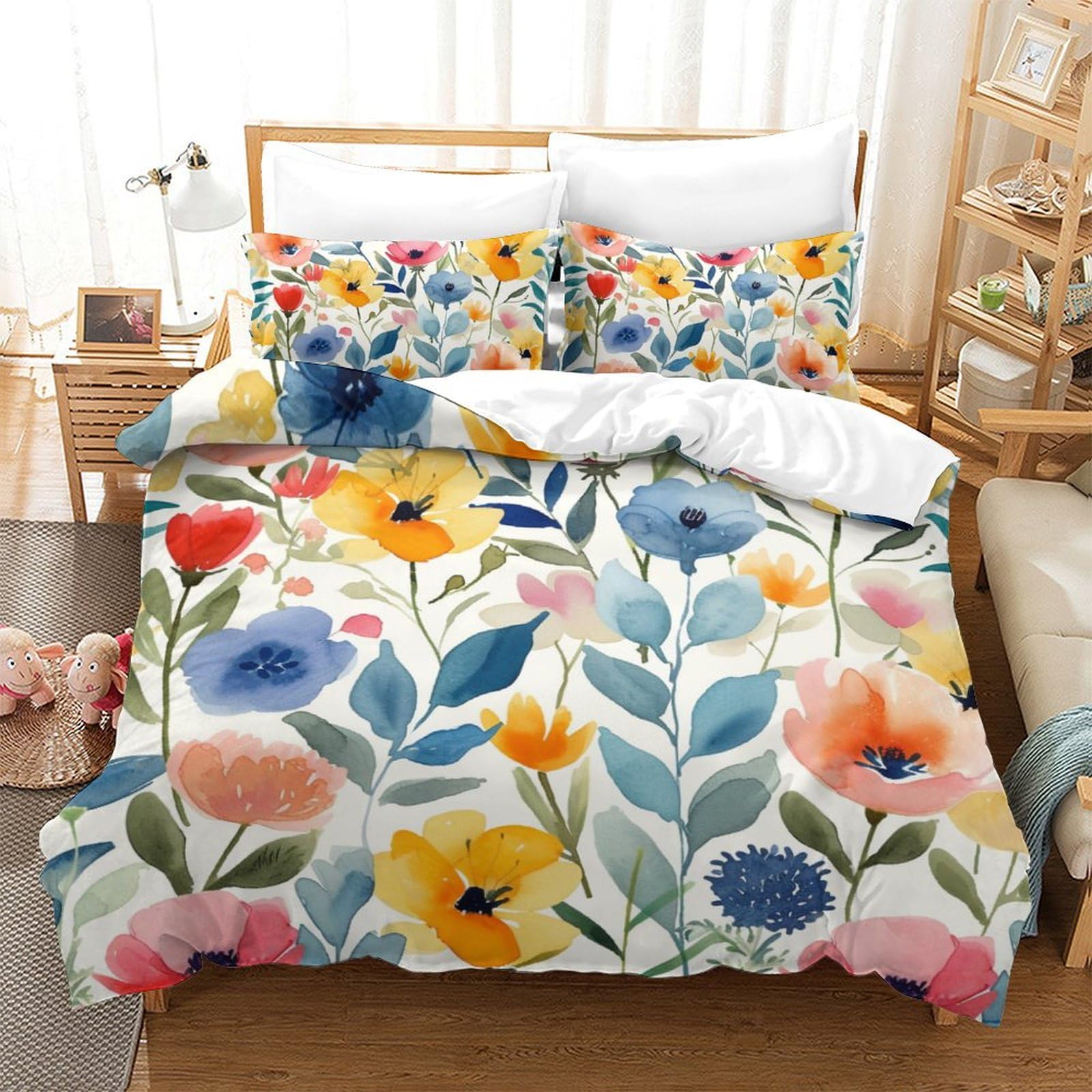Housse de couette 3D fleurs aquarelle pour chambre cocooning