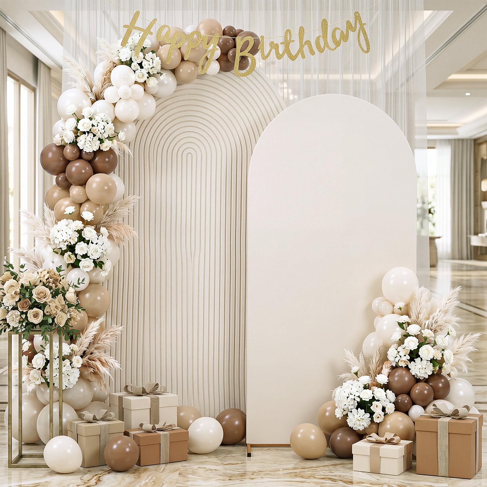 2 Set Wedding Arch Cover Cream White Ripple &amp; Solid Stretchy Backdrop Cover