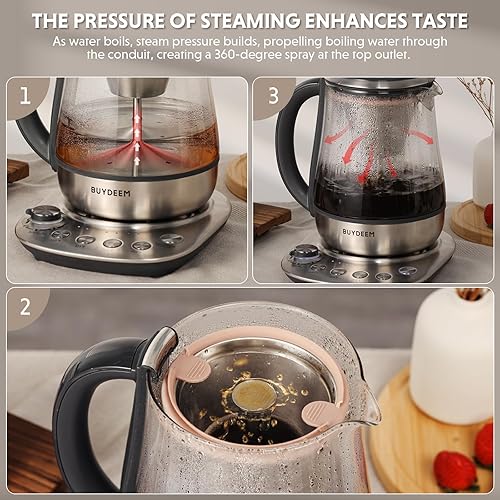 Miniatura 2 de BUYDEEM K176 - Tetera eléctrica multifuncional de acero inoxidable para preparar té y café, mantener el calor automático, 5 controles de sabor, 1.5L