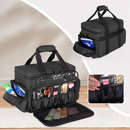 Miniatura 4 de BAFASO Bolsa de maquillaje grande con 2 bolsas extraíbles y separadores desmontables, bolsa de cosméticos multifuncional para guardar maquillaje y