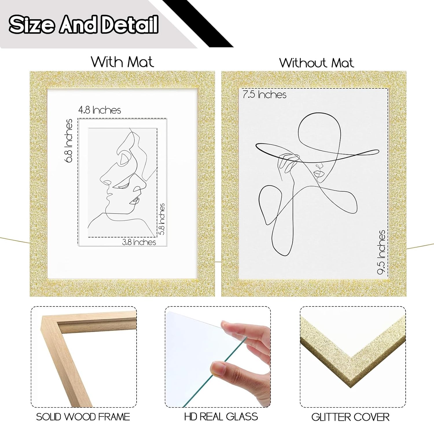 8x10 Picture Frame with 5x7 ＆ 4x6 Mat, Glitter Frame with Real Glass and Solid Wood, Sparkle Photo Frame for Tabletop or Wall Mount, Horizontal or Vertical Display(Gold)