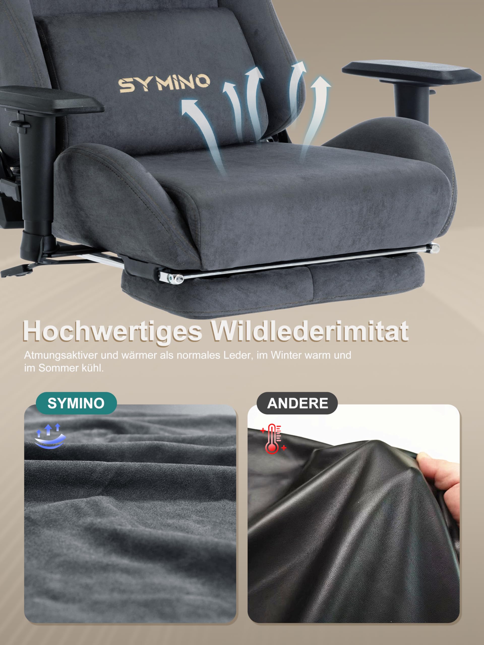 Symino Gaming Stuhl, Atmungsaktiver Bürostuhl aus Hochwertigem Stoff, So Weich Wie Pelz, Ergonomischer PC-Stuhl, Verstellbarer und Drehbarer Schreibtischstuhl mit Fußstütze, Grau | So Weich Wie Pelz, Ergonomischer PC-Stuhl, Verstellbarer und Drehbarer Sch