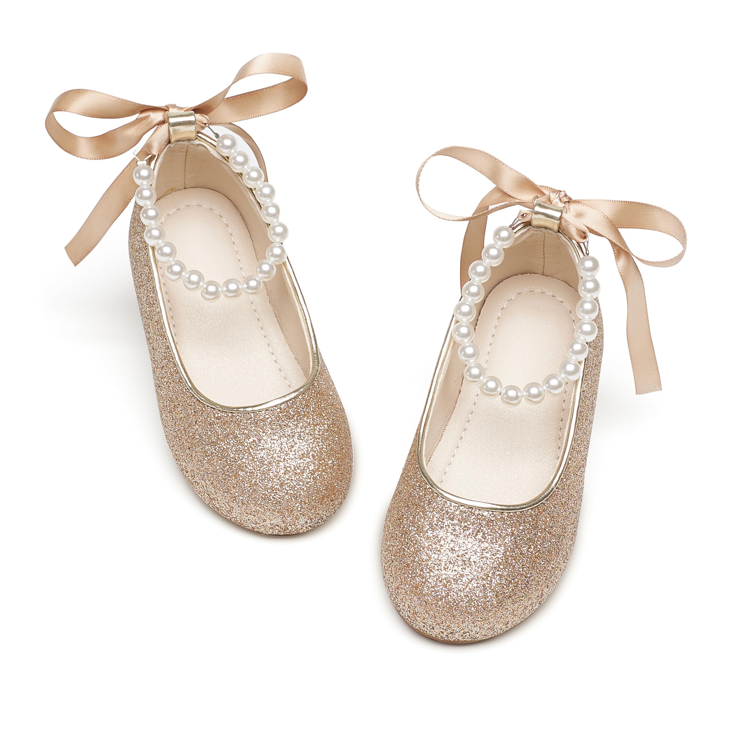 PHIRAMIN Toddler Flower Girl Dress Shoes - Little Girl Ballet Flats Pearl Strap for Wedding Party