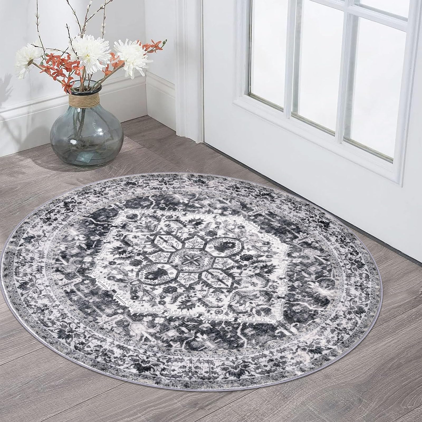 KOZYFLY Round Rug 3 Ft for Entryway - Washable Circle Entrance Mat, Non-Slip, Indoor Printed Faux Wool Floor Carpet for Backdoor, Bedroom, Front Door - Grey โ image 1