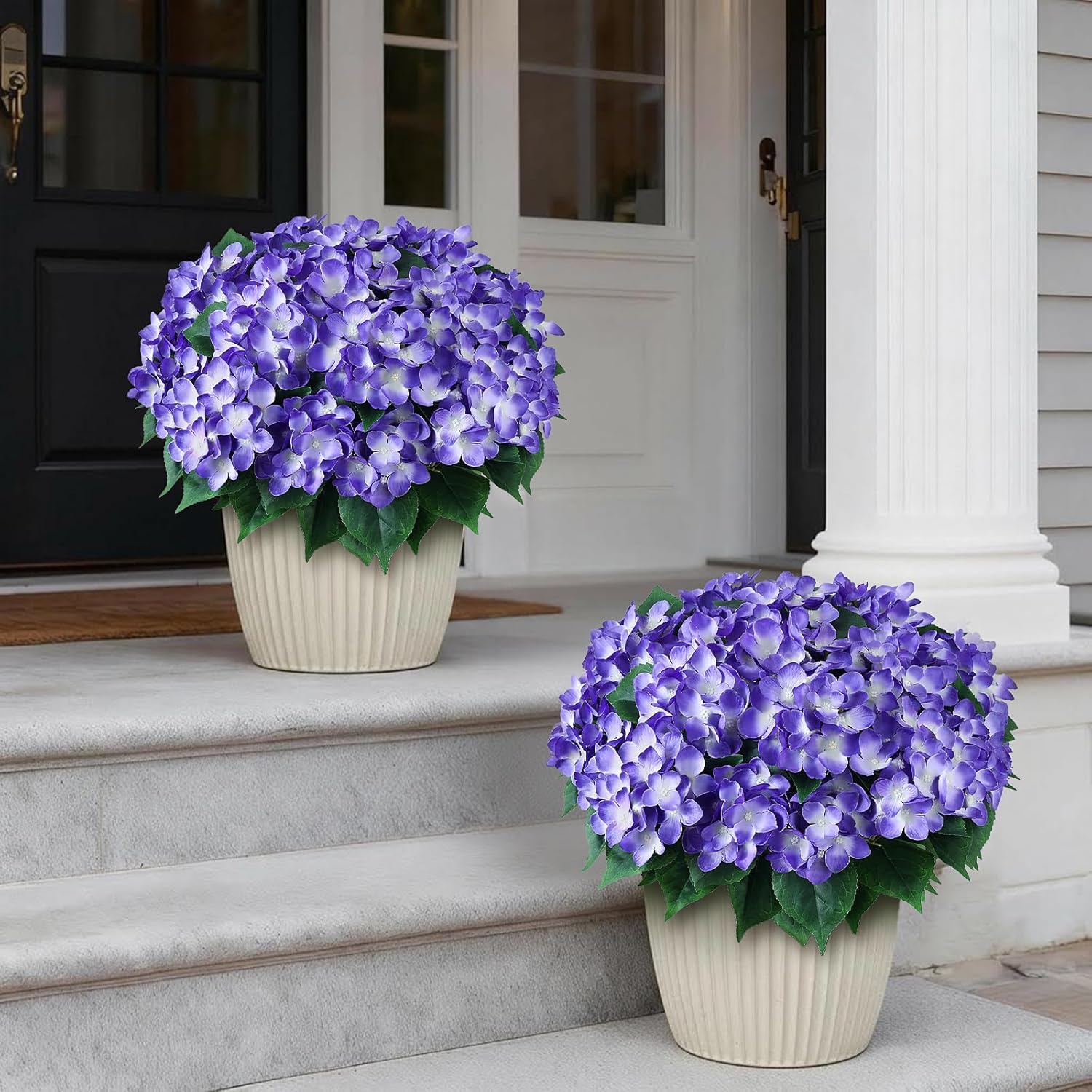 FOTEEWL 16 Bundles Artificial Hydrangea Flowers for Outdoor Decor, Realistic Faux Silk Bouquets Sun-Resistant Fake Plants for Front Door Balcony Farmhouse Garden Home Spring Summer Decor (Purple)