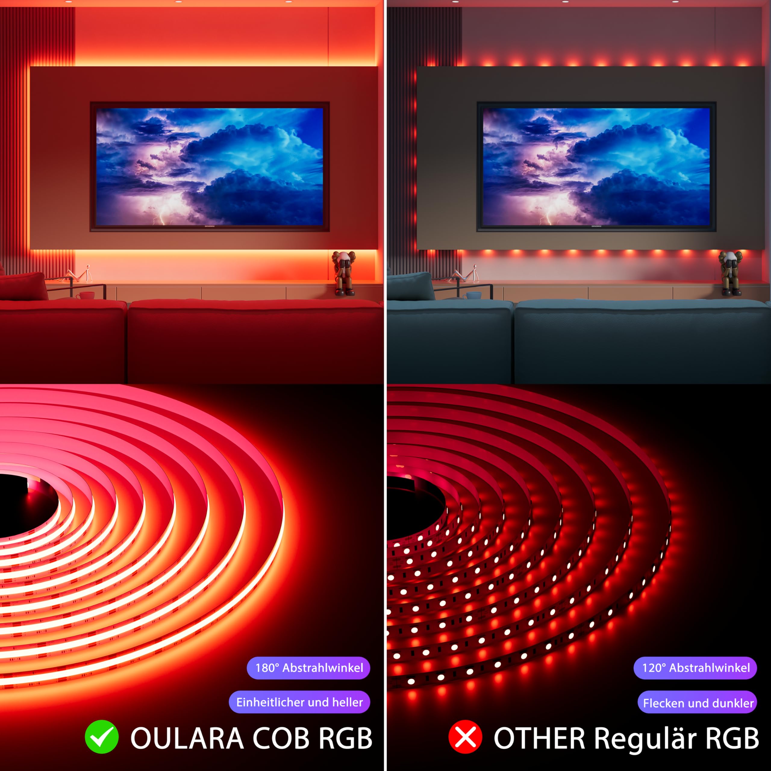 OULARA RGB COB LED Streifen 10M,24V Dimmbar LED Strip RGB Farbe Wechsel,Flexibles RGB LED Band Funktioniert mit Alexa/Google Assistant/Tuya für Küche,Schlafzimmer,Party DIY Dekoration