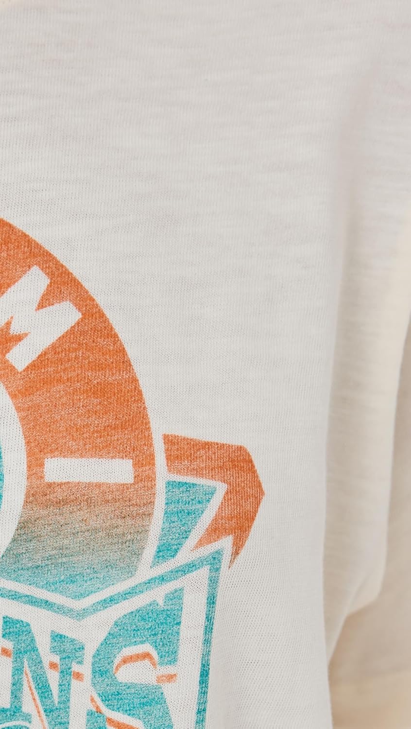 女性用マイアミドルフィンズモックネッククロップTシャツ