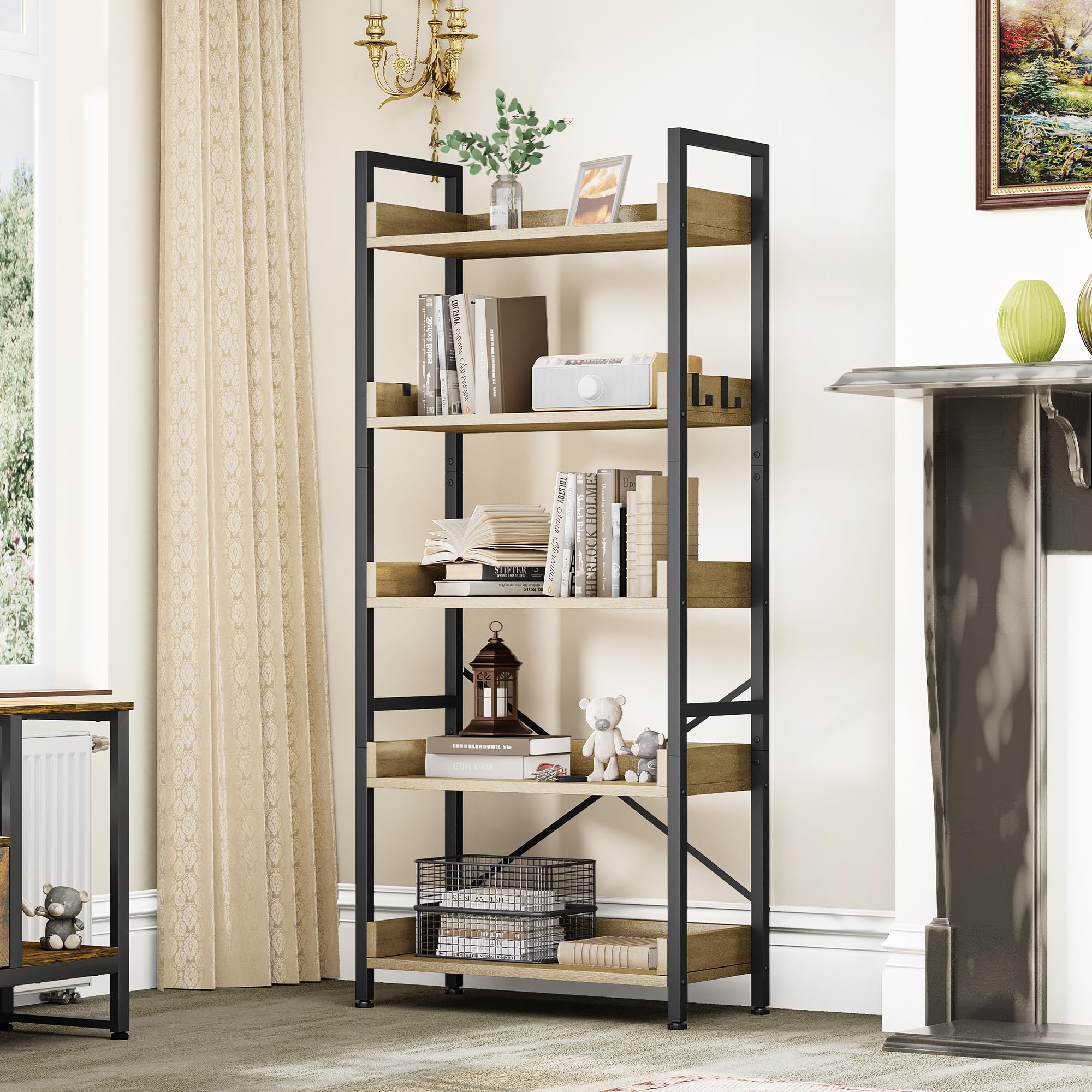 YITAHOME Librería de 5 Niveles, Estantería Industrial para Libros de Piso, Estante de Madera y estanterías con Marco de Acero Estable con 4 Ganchos para Sala de Estar, Oficina en casa, Roble