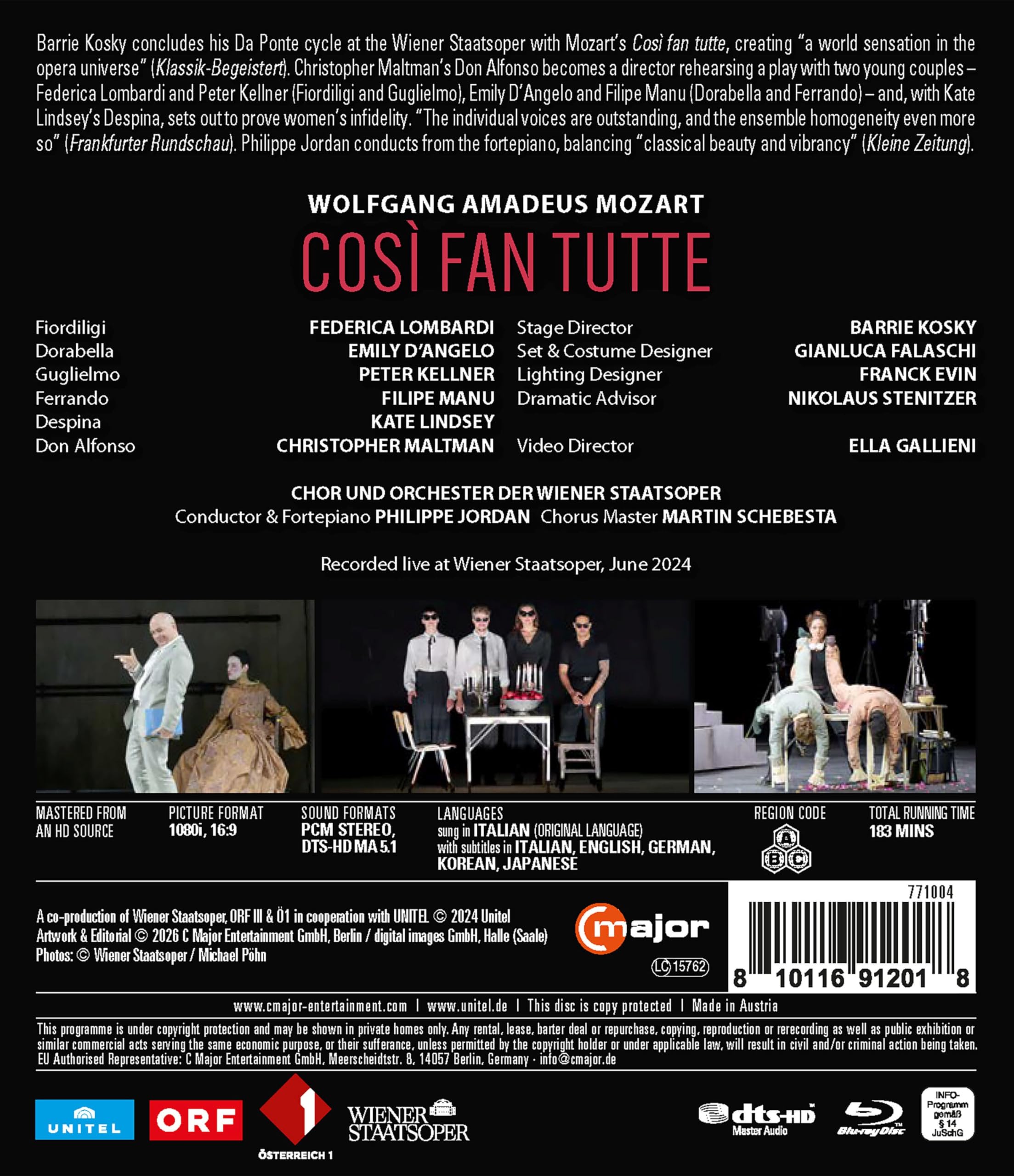 Mozart : Cosi fan tutte. Lombardi, D'Angelo, Kellner, Manu, Lindsey, Maltman, Jordan, Kosky. [Blu-ray]