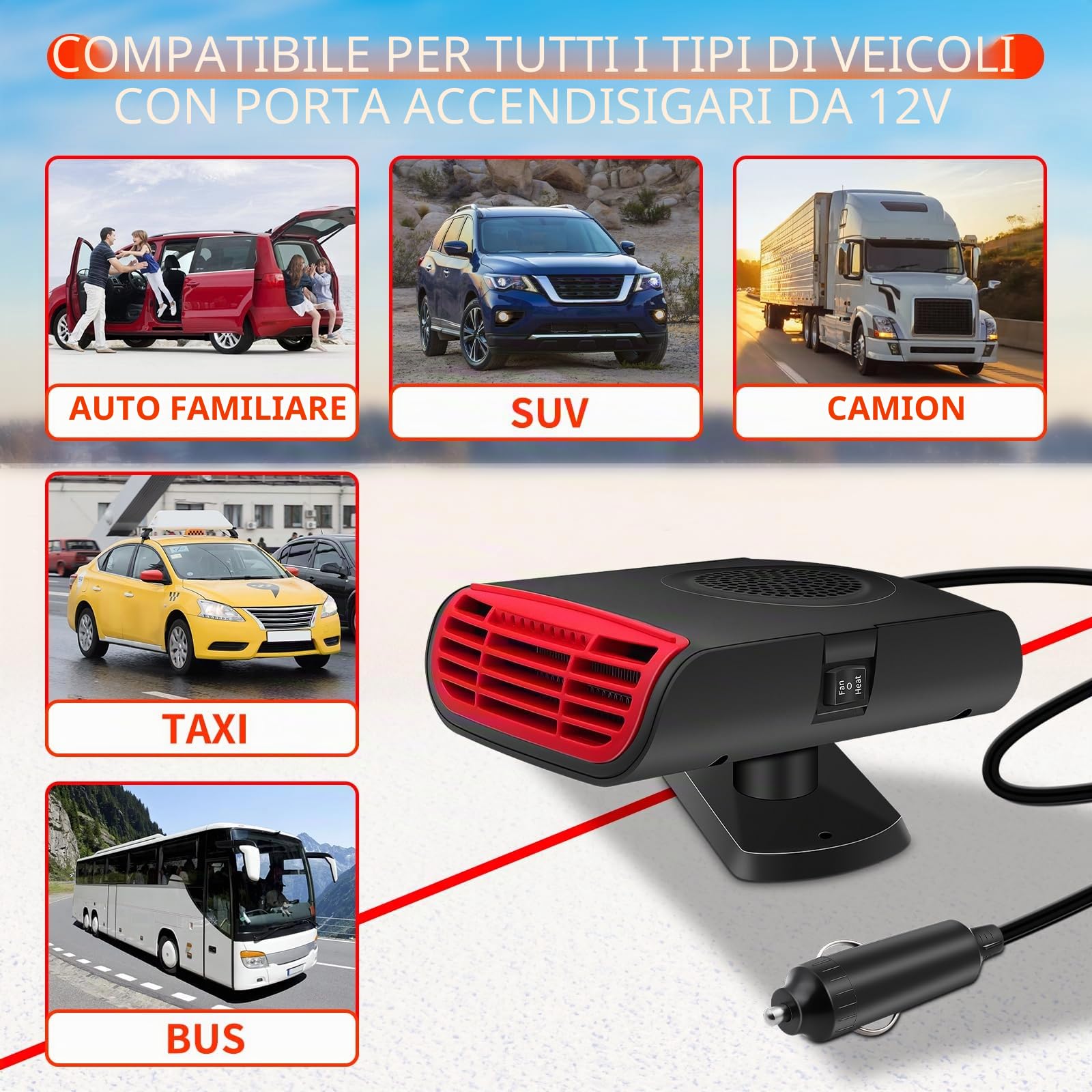 KAOLALI Riscaldatore per Auto 12V, Portatile 150W Stufetta per Auto, Sbrinatore Parabrezza Auto, 2 in 1 Riscaldamento Auto/Ventola di Raffreddamento con Accendisigari, per Auto, Caravan, Camion