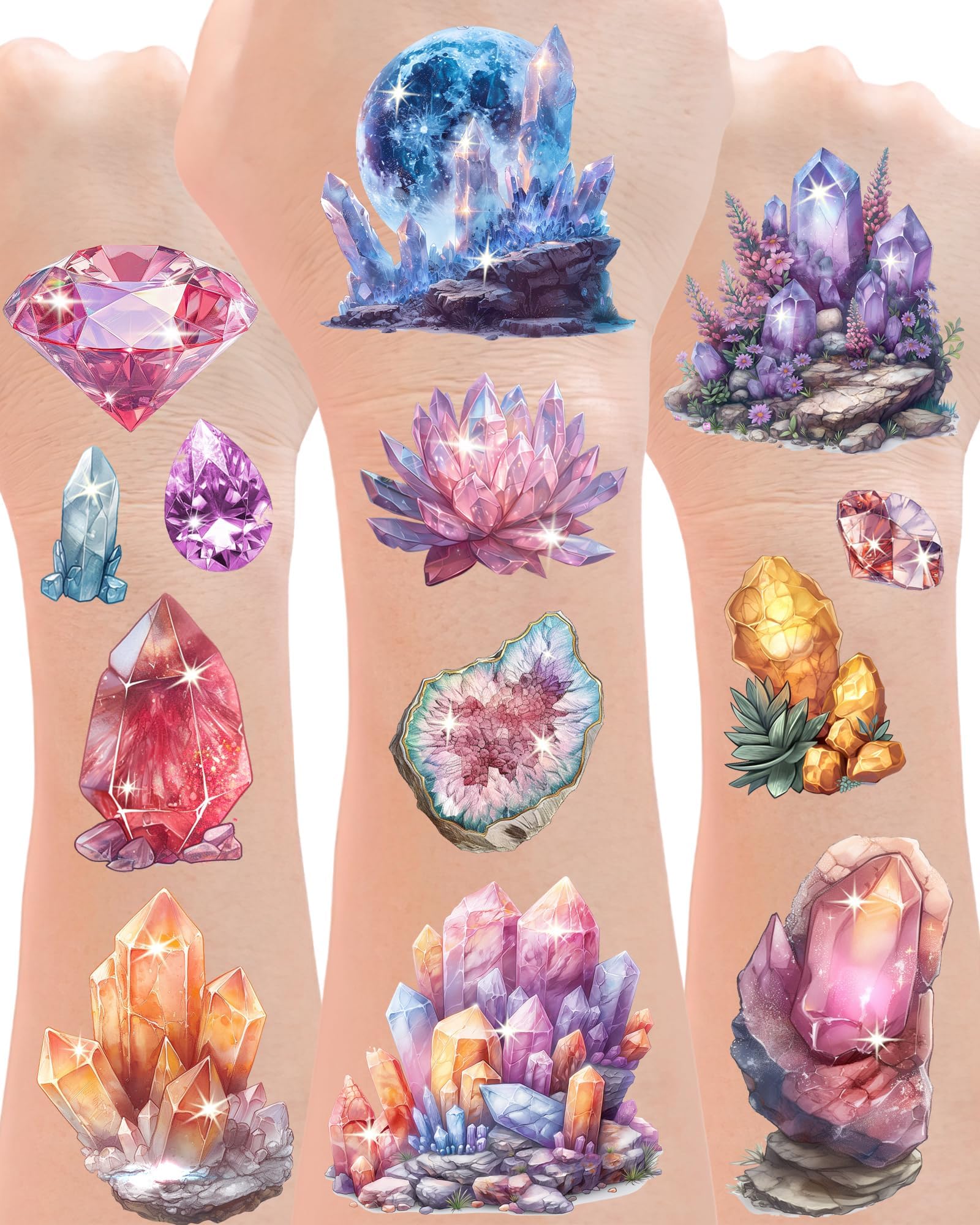 20 Sheets 244 PCS Crystal Temporary Tattoos,Realistic Design for Gem Rock Temporary Tattoos, Diamond Decorations for Party, Geology Party Supplies