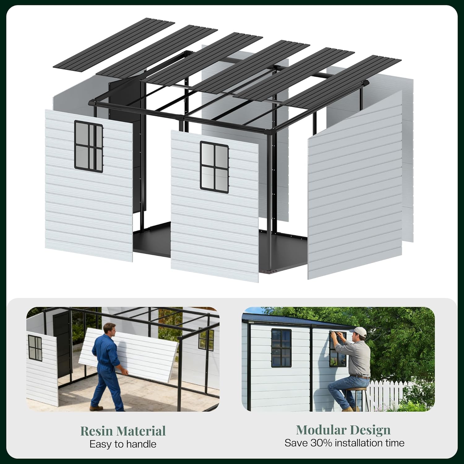Jocisland 8x6x6 FT Resin Lean to Shed with Floor, Slanted Roof Lockable Outdoor Storage Shed with 2 Windows, Weather-Resistant Plastic Structure for Backyard, Garden, Patio, Lawn