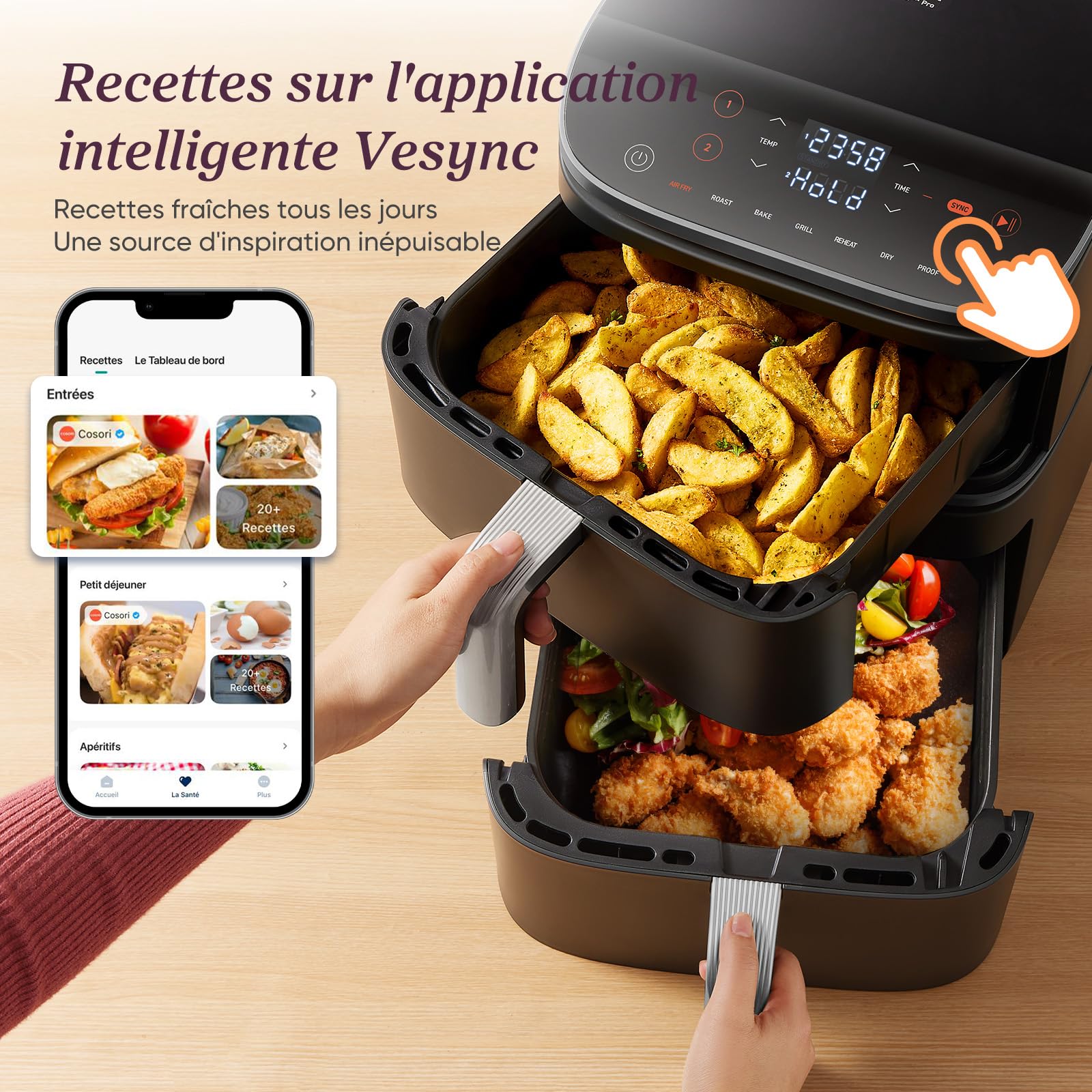 Cosori Air Fryer 10.8L Turbo Tower Pro Revêtement Céramique sans PFAS | Double Stack, Dual Blaze&Turbo Blaze, 3 Niveaux Cuisson, 7 Fonctions, 68% d’Économie d’Énergie, Recettes en ligne