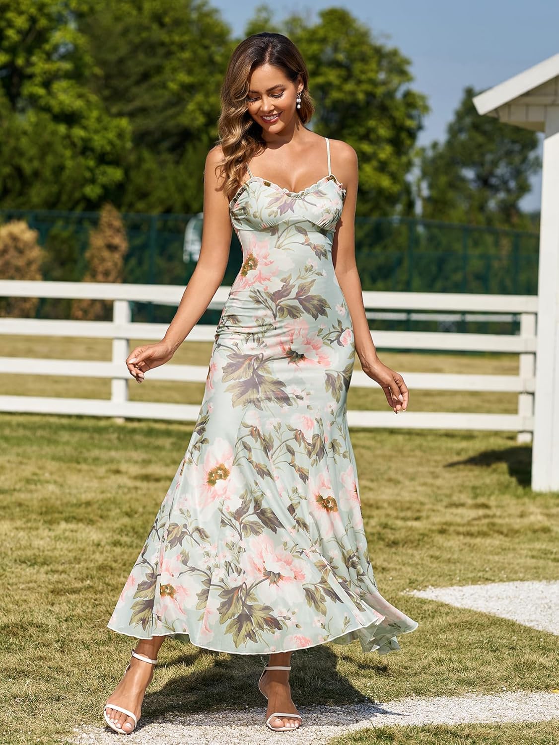 EYNMIN Floral Maxi Dress Lace Spaghetti Strap Flowy Ruffle Long Sundress 2026 Spring Summer Wedding Guest Dresses for Women - Image 6