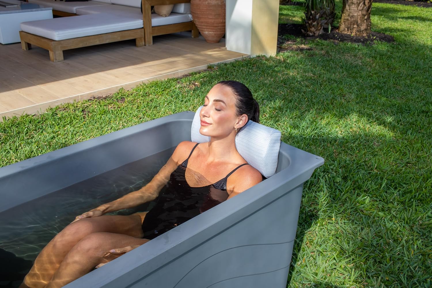 Headrest pillow for patio chaise lounge, in pool lounger on ledge with non-slip weighted tail and cellphone pocket, quick drying outdoor for all weather pool furniture and loungers (Mountain Mist)