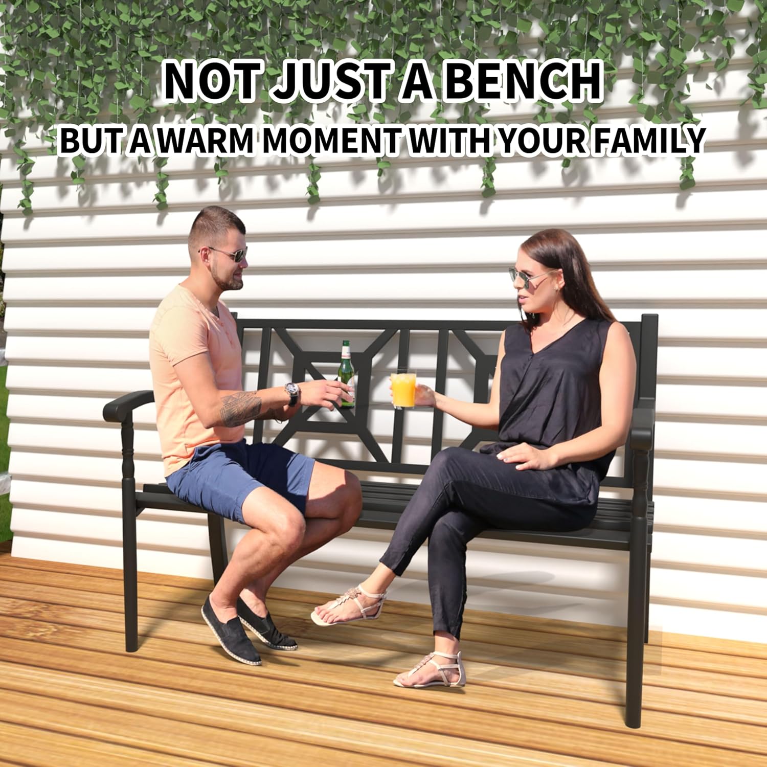 YLGJ&TIDY 50 Inches Garden Benches for Outdoor Patio Bench with Pattern Backrest Armrest Weatherproof Park Benches Metal Bench for Garden Park Porch Lawn Yard (BENCH05)