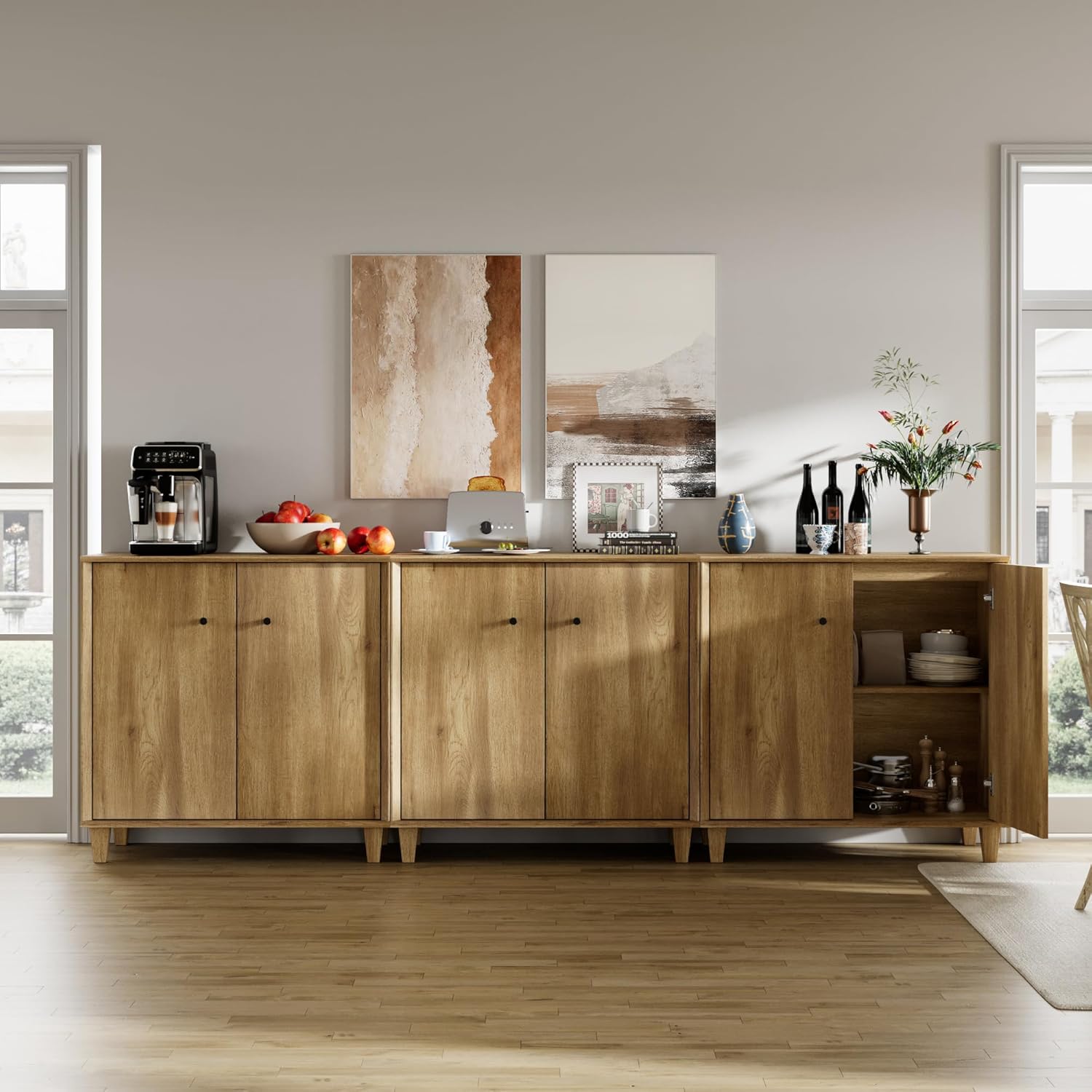 Sideboards Buffet Cabinet 3 in 1 Wide Credenza Buffet Table with Adjustable Shelf, Modern Kitchen Accent Cabinet with Storage Compartments for Dining Room Living Room, Hallway, Oak Brown