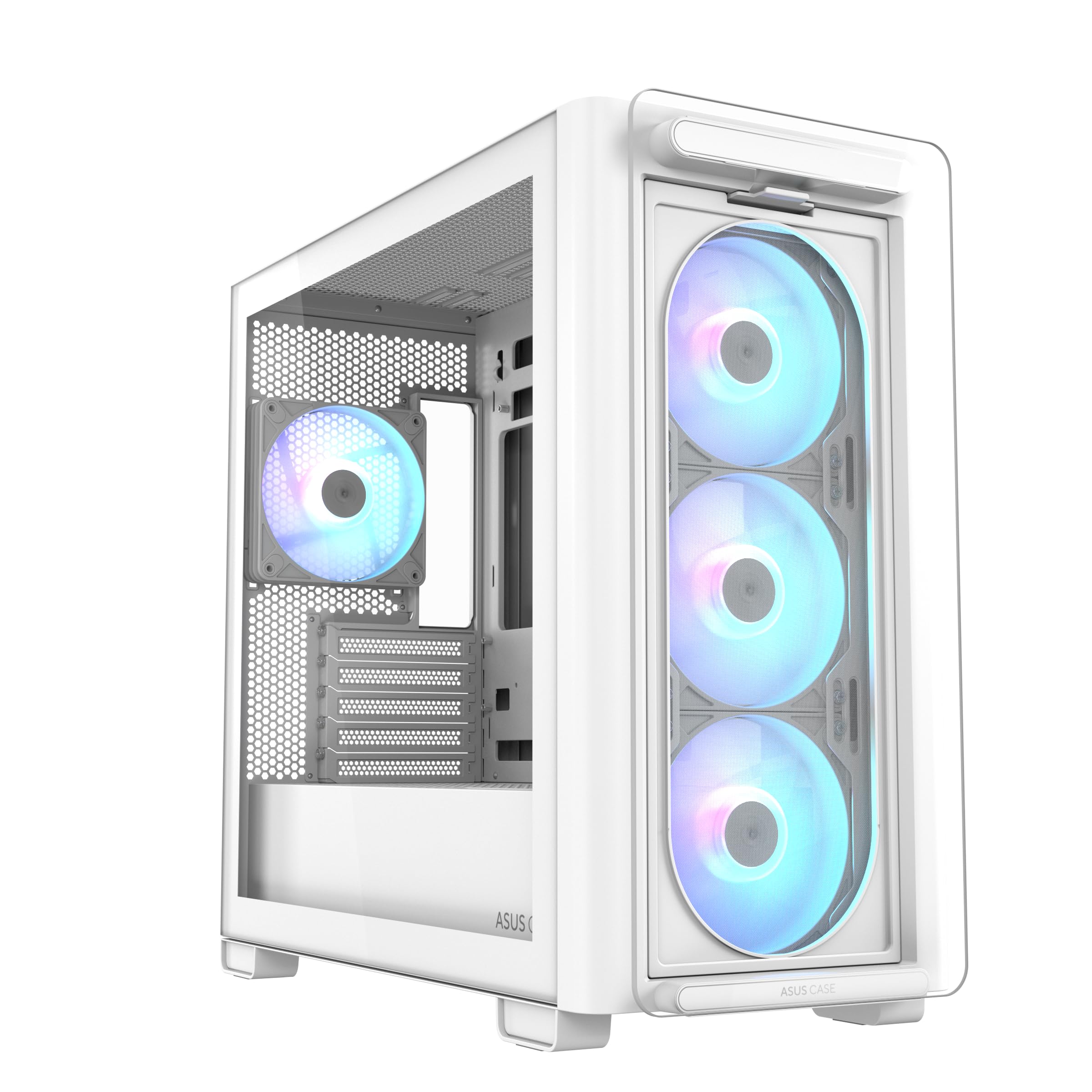 ASUS A23 Plus TG ARGB White microATX obudowa PC (fabrycznie zainstalowany wentylator ARGB, panel przedni z siateczki, kompatybilna z płytami głównymi z ukrytymi złączami, grzejnikami 360 mm, kartami