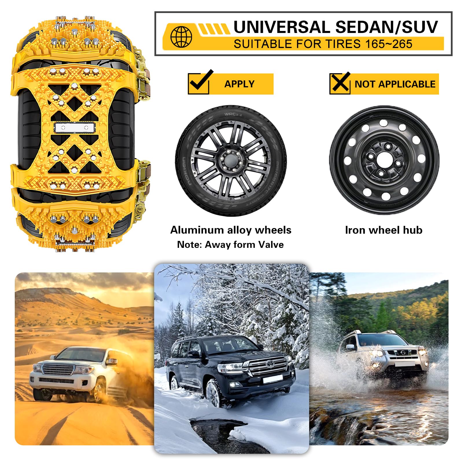 Cadenas de Nieve para Coche Mejoradas, 6PCS Cadenas de Nieve Universales para SUV, Cadenas Tracción Emergencia para Coche, para Hielo, Nieve y Carreteras Fangosas (Ancho Neumático 165mm-265mm)