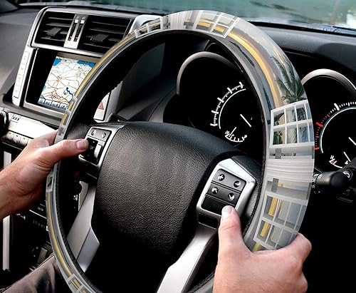 Miniatura 3 de Funda para volante de automóvil, puesta de sol de playa a través de ventanas de madera blanca, esponja elástica elástica para volantes, cubierta