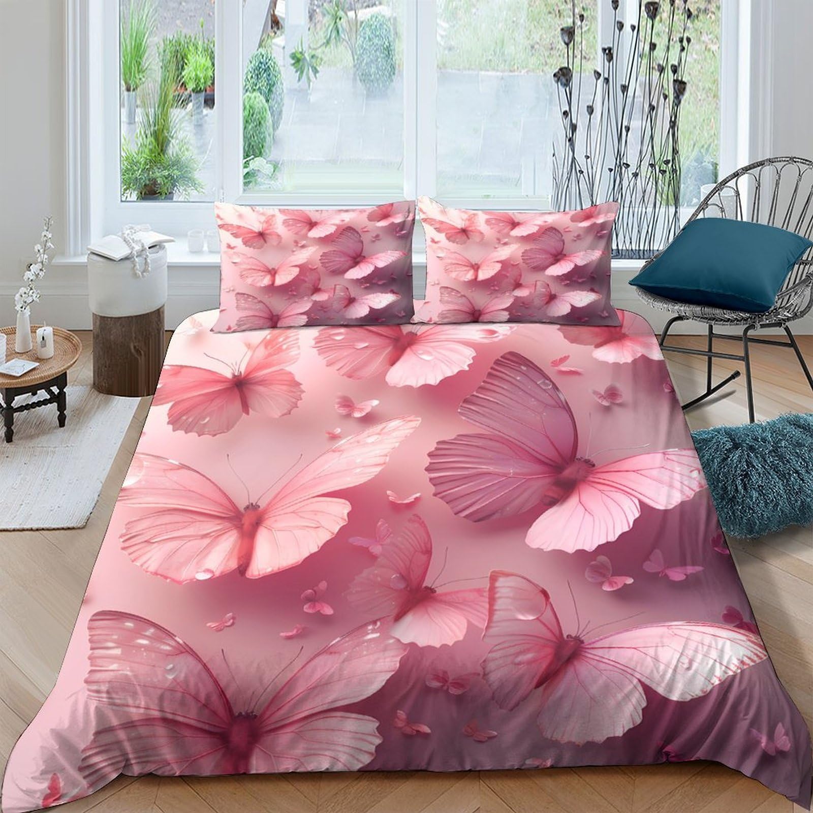 GPLZQXKJNH 3D Printed Pink Butterfly Duvet Cover Set Microfiber Soft Breathable with 2 Pillowcases for Bedroom Decor Rental Single（135x200cm）