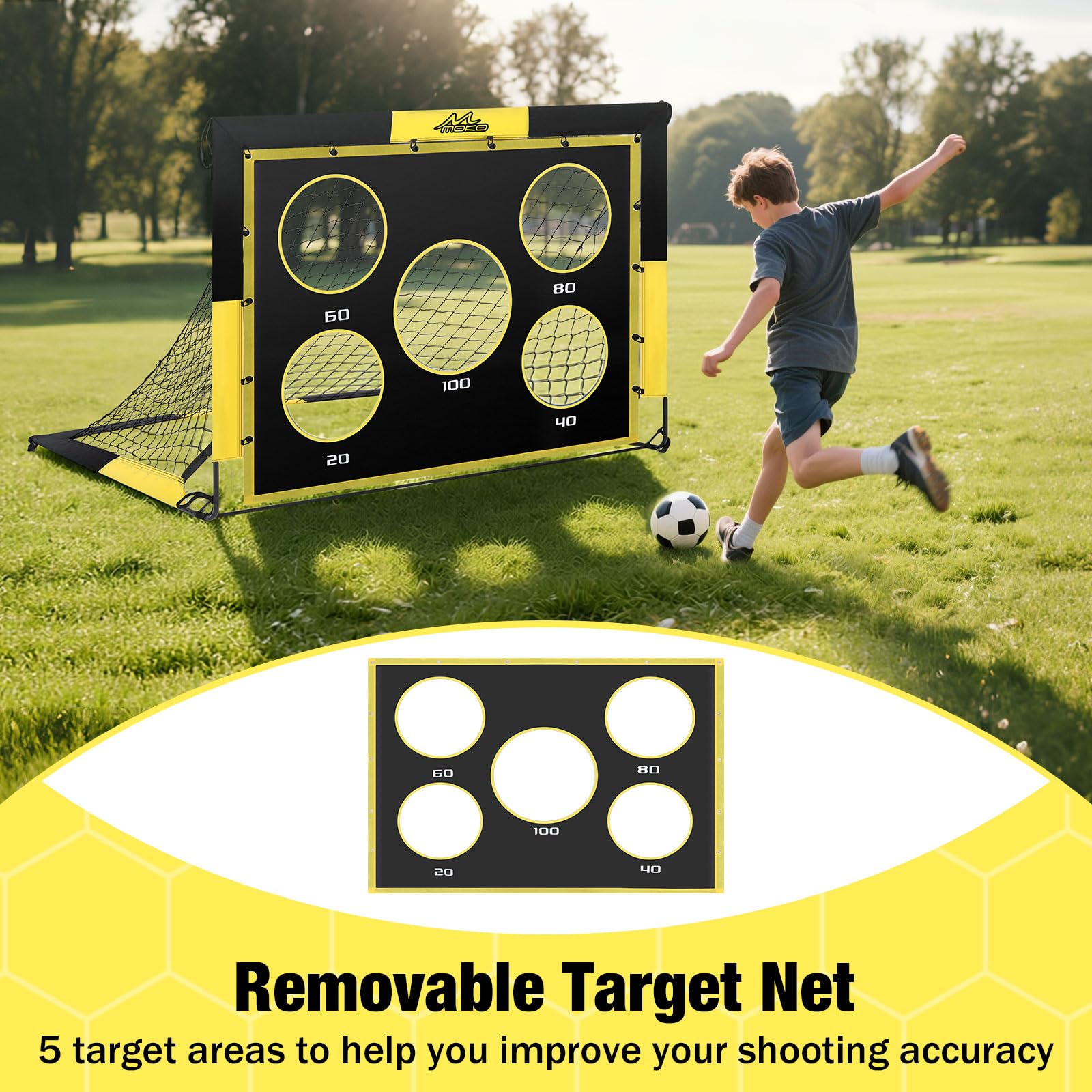 MoKo Portería de Fútbol para Jardín, 2 Paquete 5×4 FT Red de Portería Plegable con Panel de Blanco, Equipo Portátil de Entrenamiento de Fútbol para Niños, Juego de Deportes de Exterior, Negro+Amarillo
