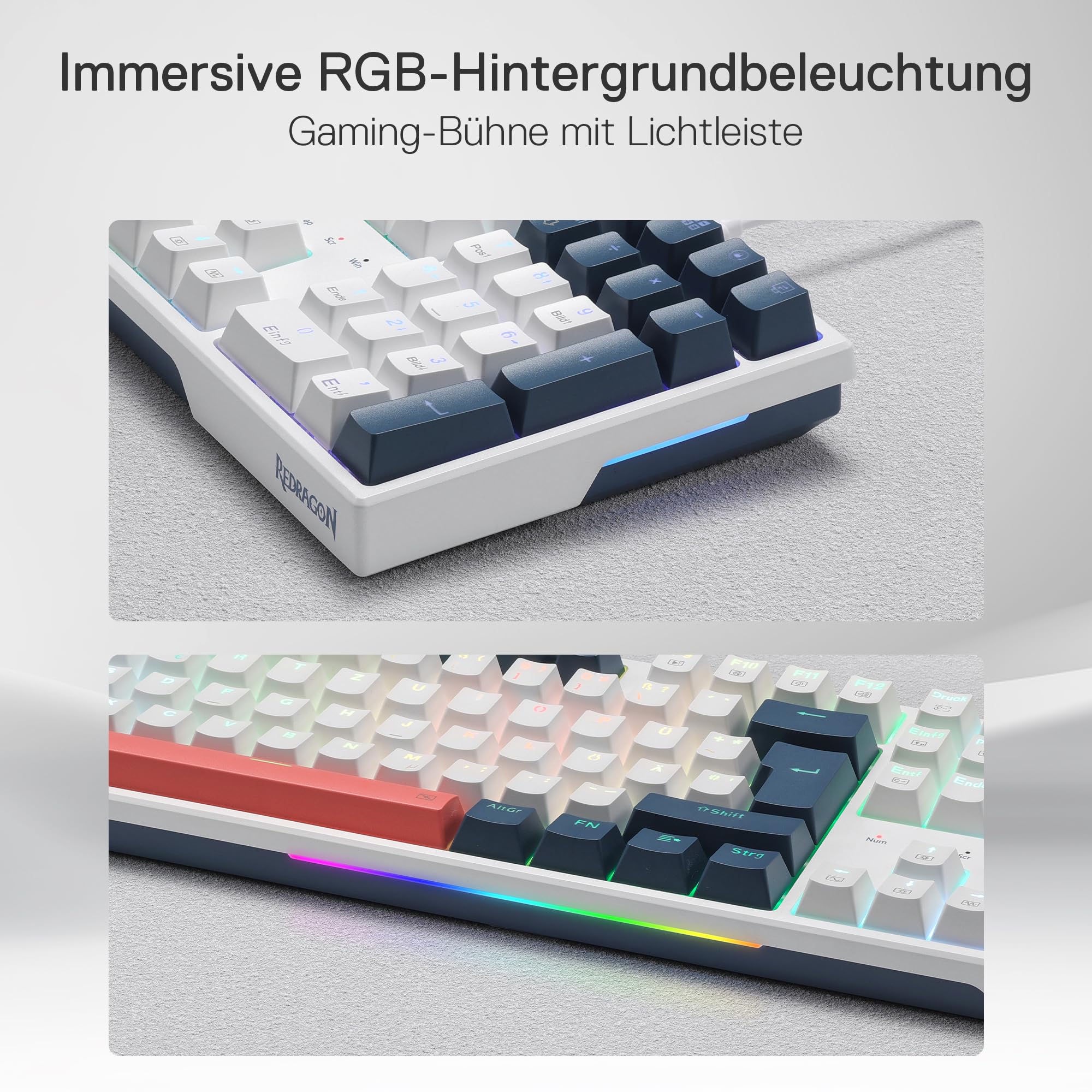 Redragon K668 QWERTZ Layout Wired Gaming Keyboard, 105+4 Keys Keyboard, Hot-Swap Socket, Quiet Red Switches, Mixed Colour Keycaps, RGB Backlight, Multimedia Shortcuts - 5