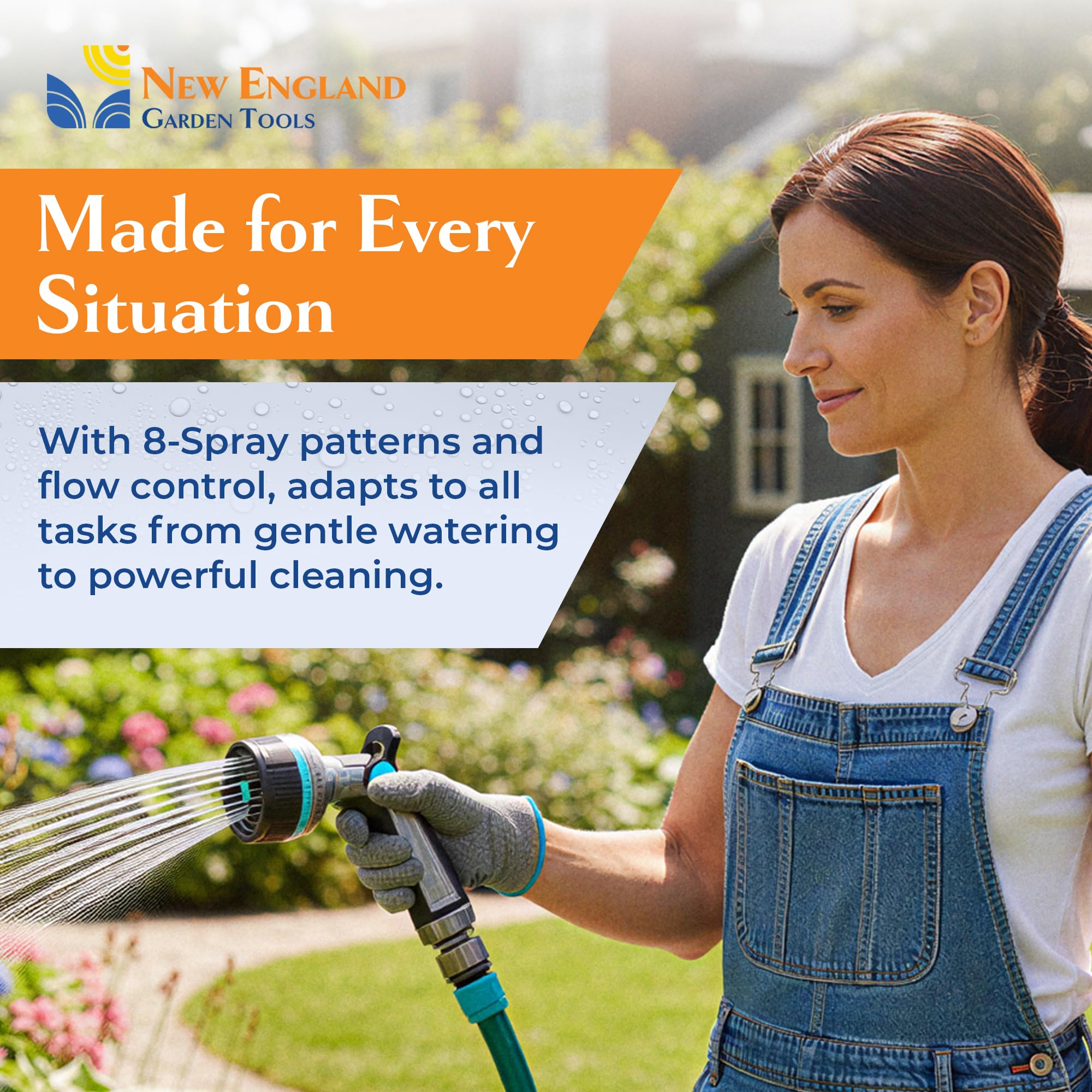Boquilla de manguera de metal de alta presión resistente con 8 patrones 500011 con control de pulgar y mango extendido, agarre cómodo por New England Garden Tools para limpiar, regar plantas y patios,