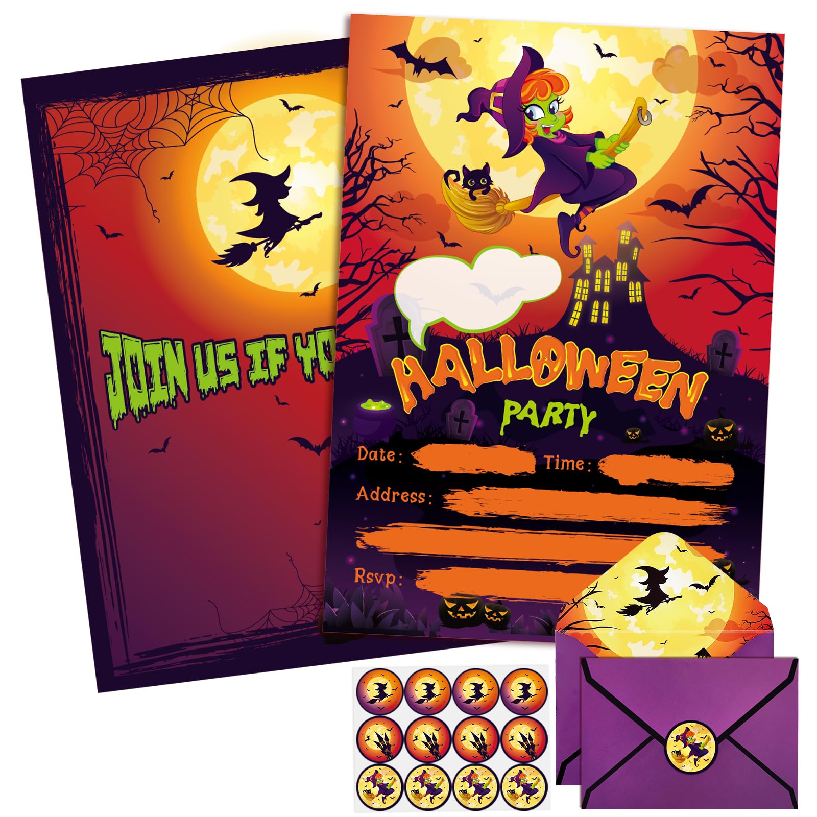 WERNNSAI Halloween Witch Einladungskarten 24 Stück – Mit Umschlägen – Zum Ausfüllen – Für Kindergeburtstag & Partys