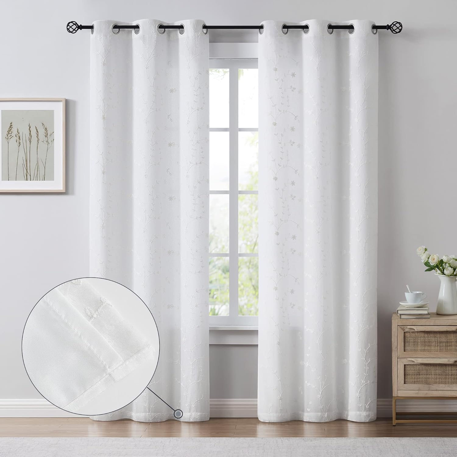 Bujasso White Semi Sheer Floral Curtains 108 inch Embroidered Leaf Patterned Window Curtain Panels with Lined Privacy Farmhouse Light Filtering Drapes for Living Room Bedroom Grommet Top W38 xL108 x2