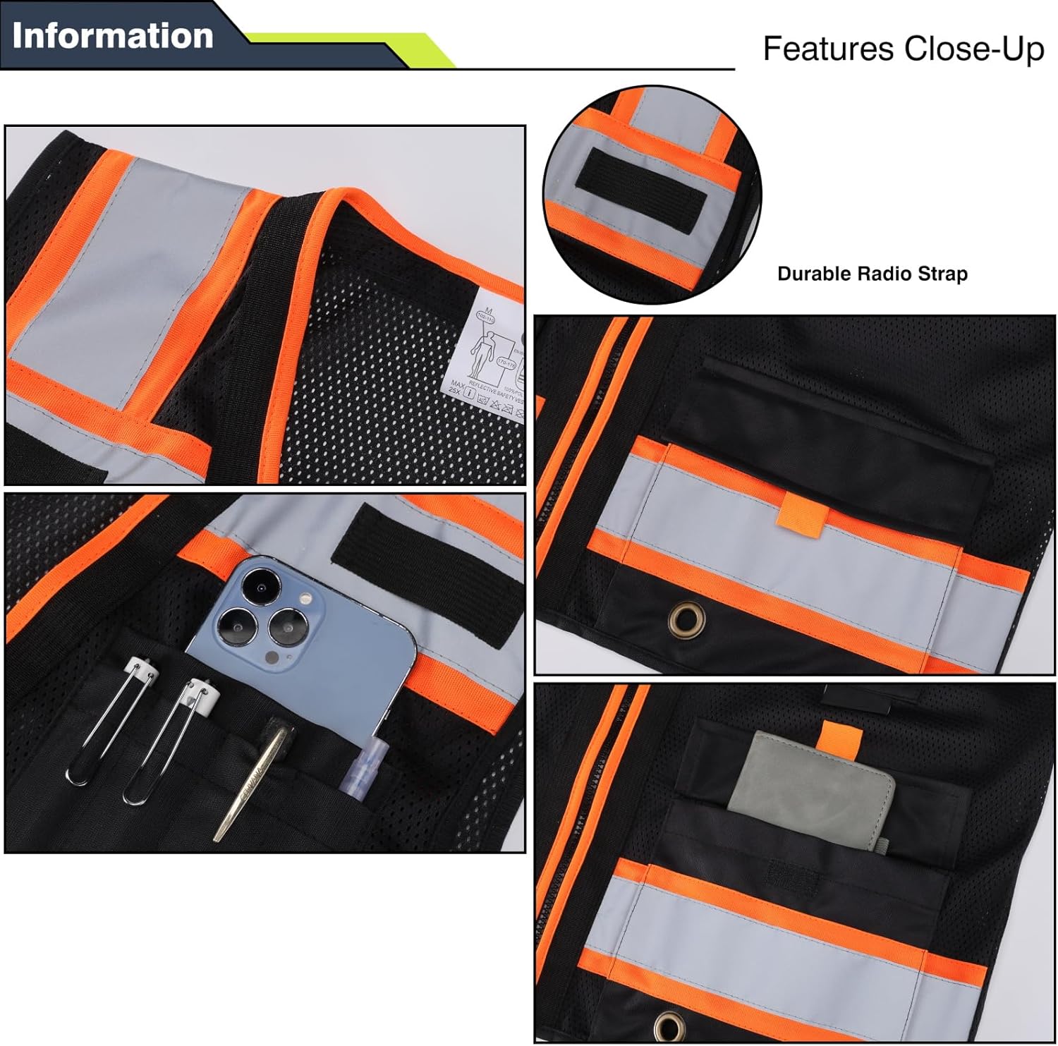 Class 2 High Visibility Reflective Safety Vests Women & Men With 15 Pockets And Zipper Front,Meets Ansi/Isea Standards - Image 4