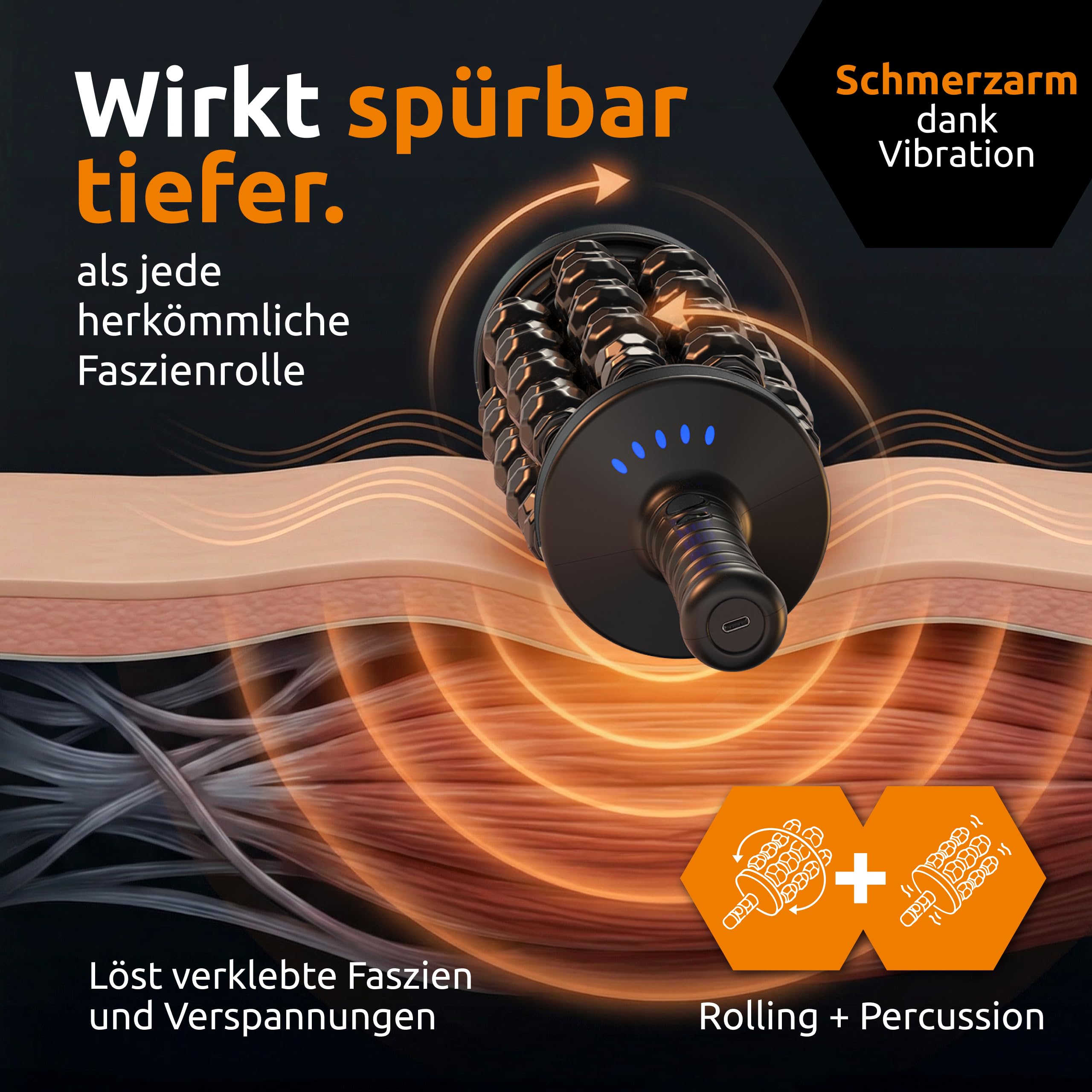 Elektrische Faszienrolle – 8 rotierende Walzen mit Klopfmassage statt Bodenturnen – Massageroller elektrisch mit Griff & Fuß-Station – Deep Roller für Rücken, Nacken & Beine (Schwarz)