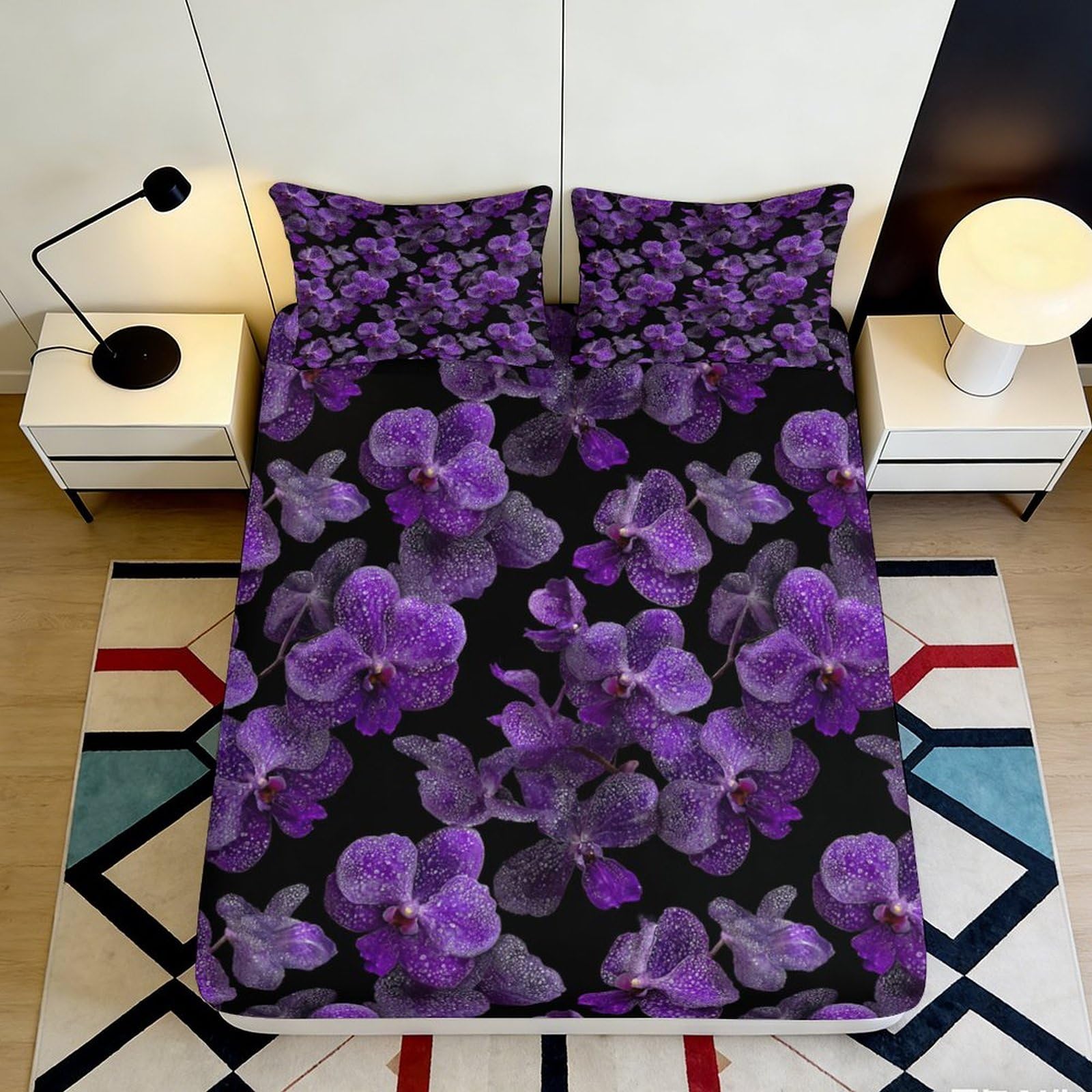 3D Printed Purple Orchid Fitted Sheet Microfiber Deep Pocket Bedding Orchid Mattress Fitted Cover Non-Slip Washable for Adults Bedroom 200x200x25cm 90x200x25cm