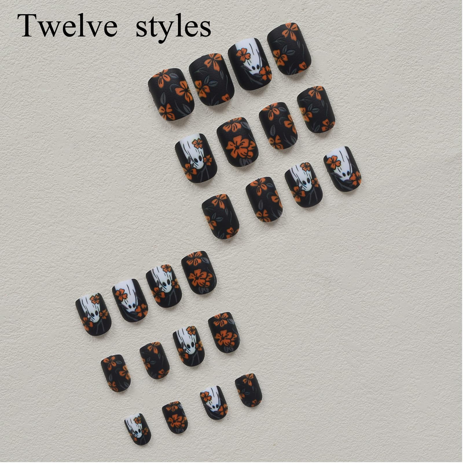 Halloween Short Square False Nail -24 PCS Black Fake Nails -Orange Flowers White Ghost False Press on Nails Design - Image 2
