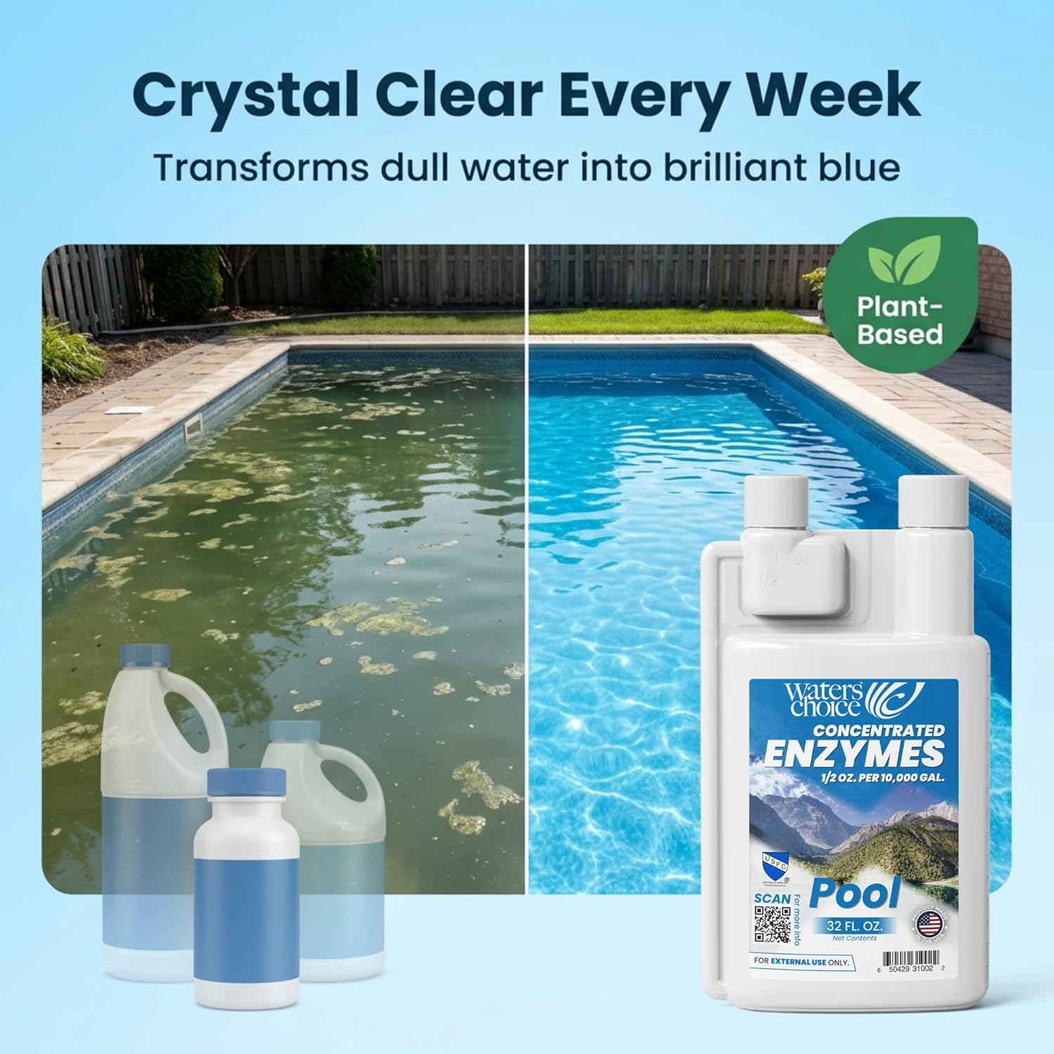 Waters Choice Weekly Pool Enzyme Concentrate 32 Ounce - Naturally Derived Pool Cleaner & Water Clarifier for Crystal Clear Pool Water - Reduce Chlorine Usage - No Scum or Odors