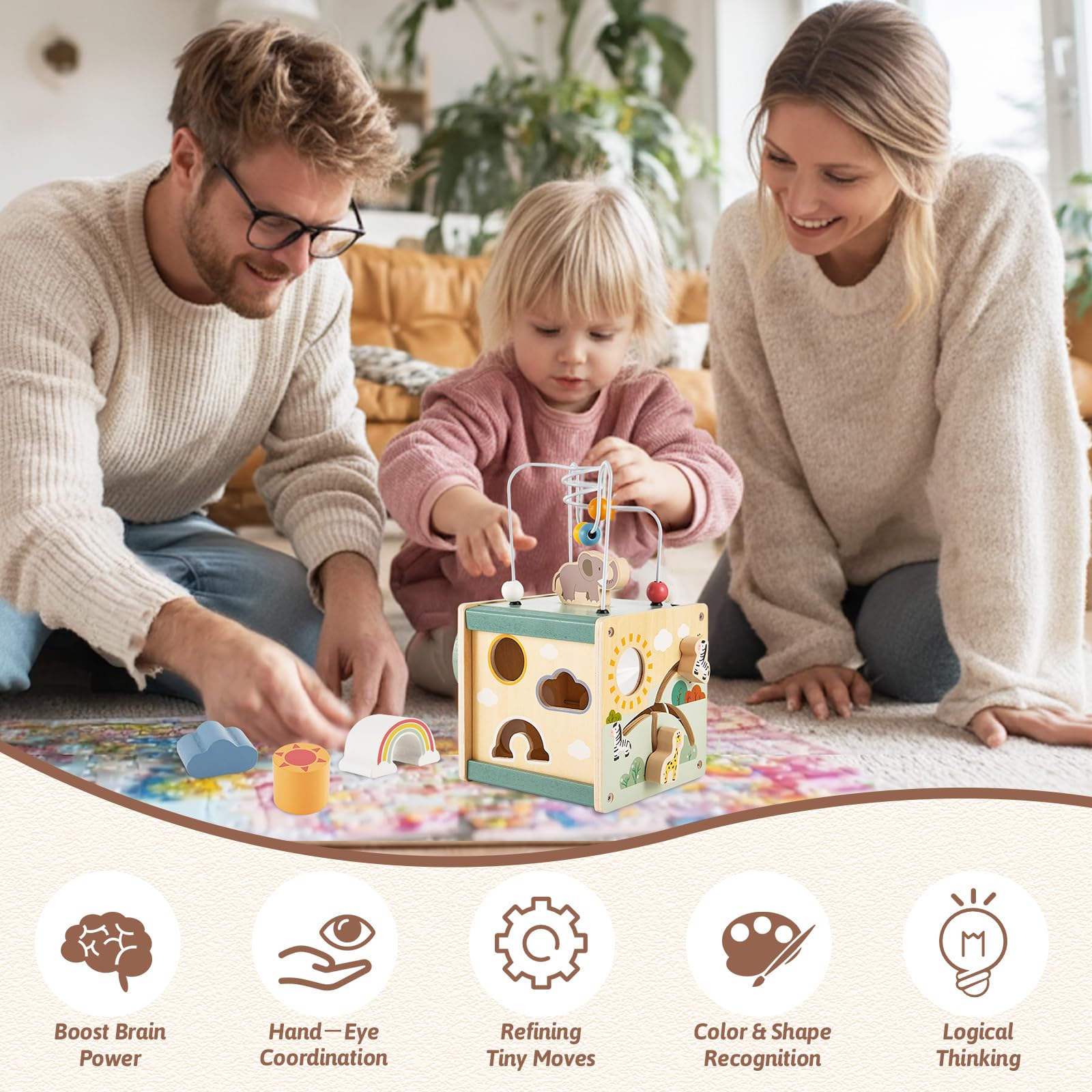 LINFUN KIDS Cube d'Activité Bébé en Bois Jeu de Activite Motricité Dactivité 6 en 1 Multijeux Jeux Montessori Cadeau pour Bébé Garçon et Fille