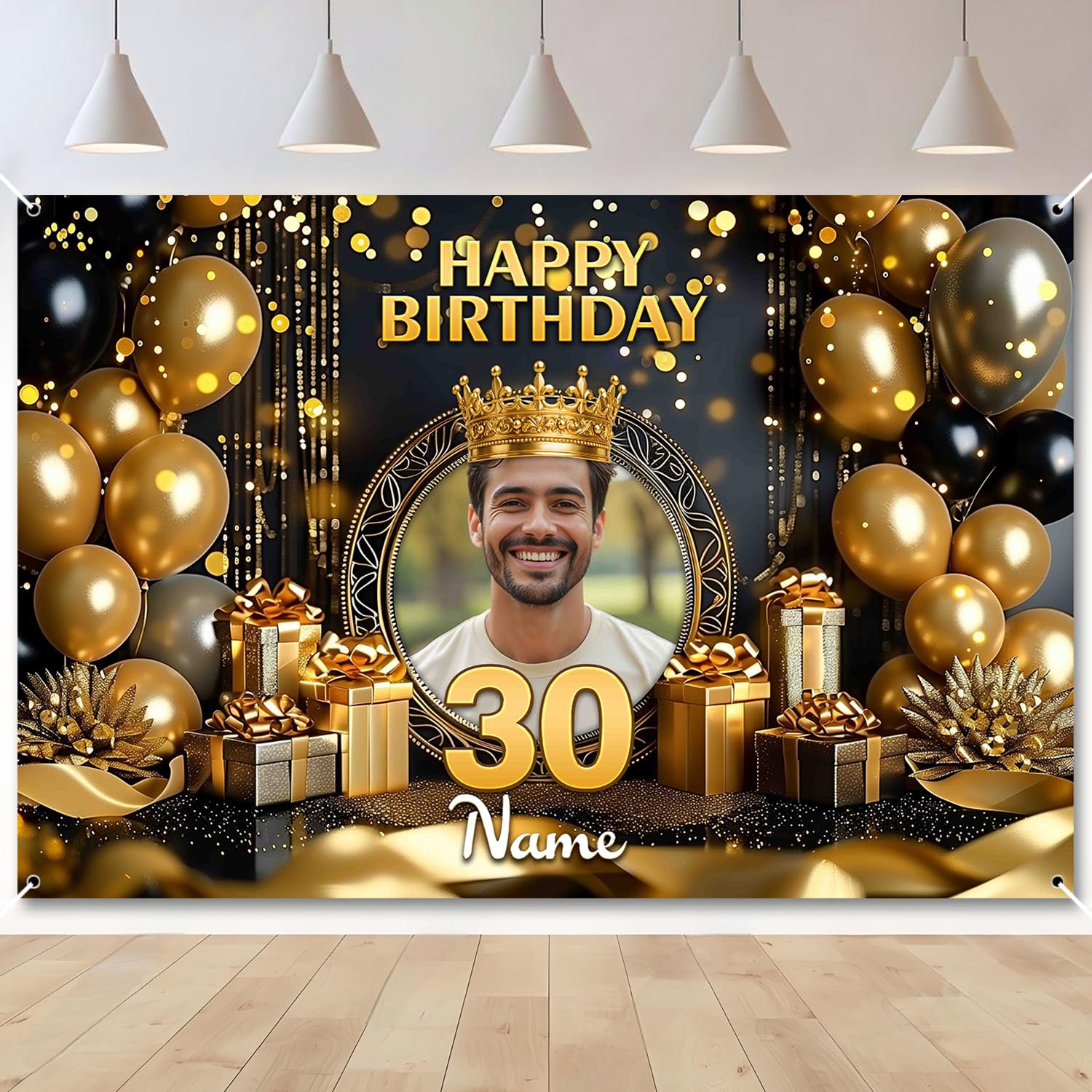 Custom Black Gold Birthday Banner Add Photo Name Age Party Banner Decor
