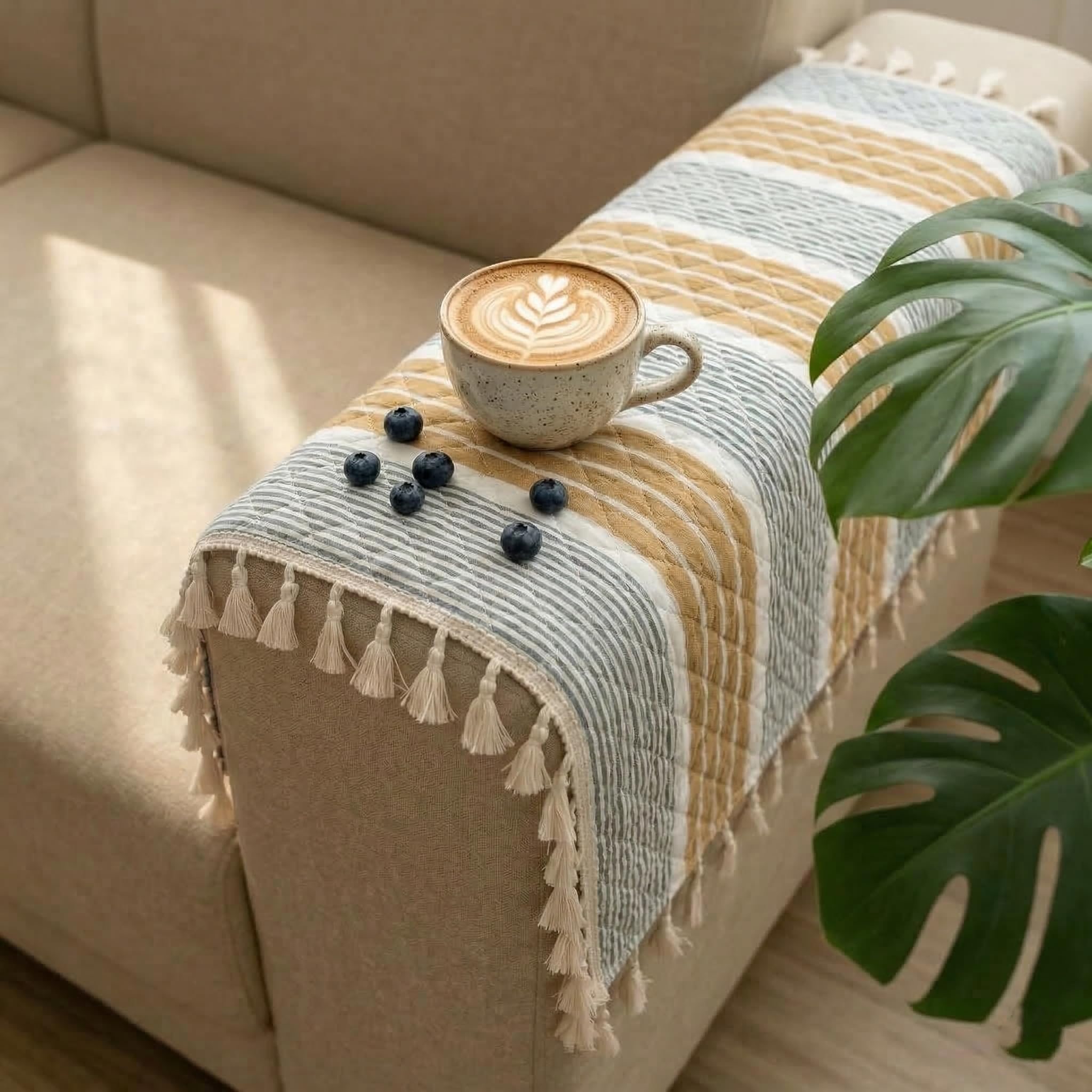 STITCHNEST Printed Quilted Sofa Arm Cover with Tassels | Stylish Hand Rest Protector | Soft & Durable | 18 x 22 Inches