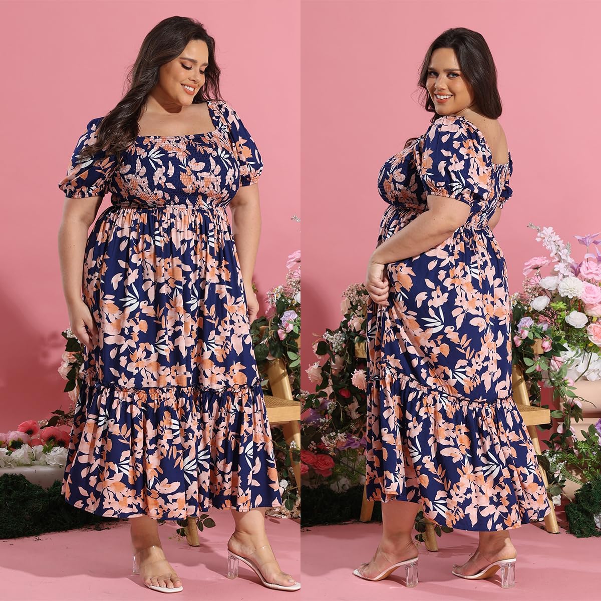 CARCOS Plus Size Dresses for Curvy Women Off Shoulder Square Neck Puff Sleeve Smocked Maxi Summer Dresses with Pocket XL-5XL - Image 5