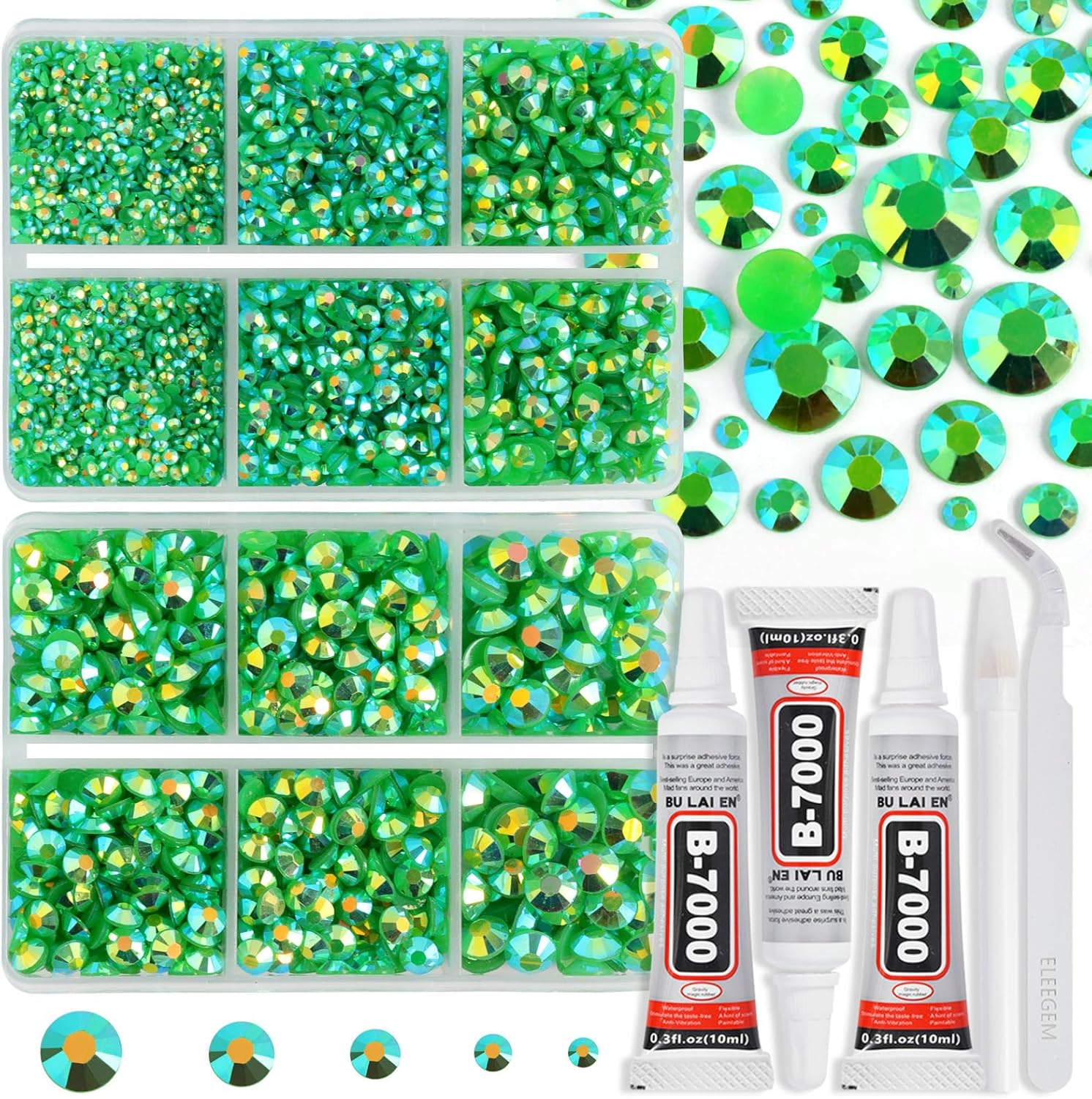 Resin Rhinestones Kit for Crafts,8400 pcs Green AB Jelly Flatback Rhinestones Mixed 5 Sizes 2mm-6mm with B7000 Glue Tweezers and Wax Pencil for Fabric Tumblers and Clothes