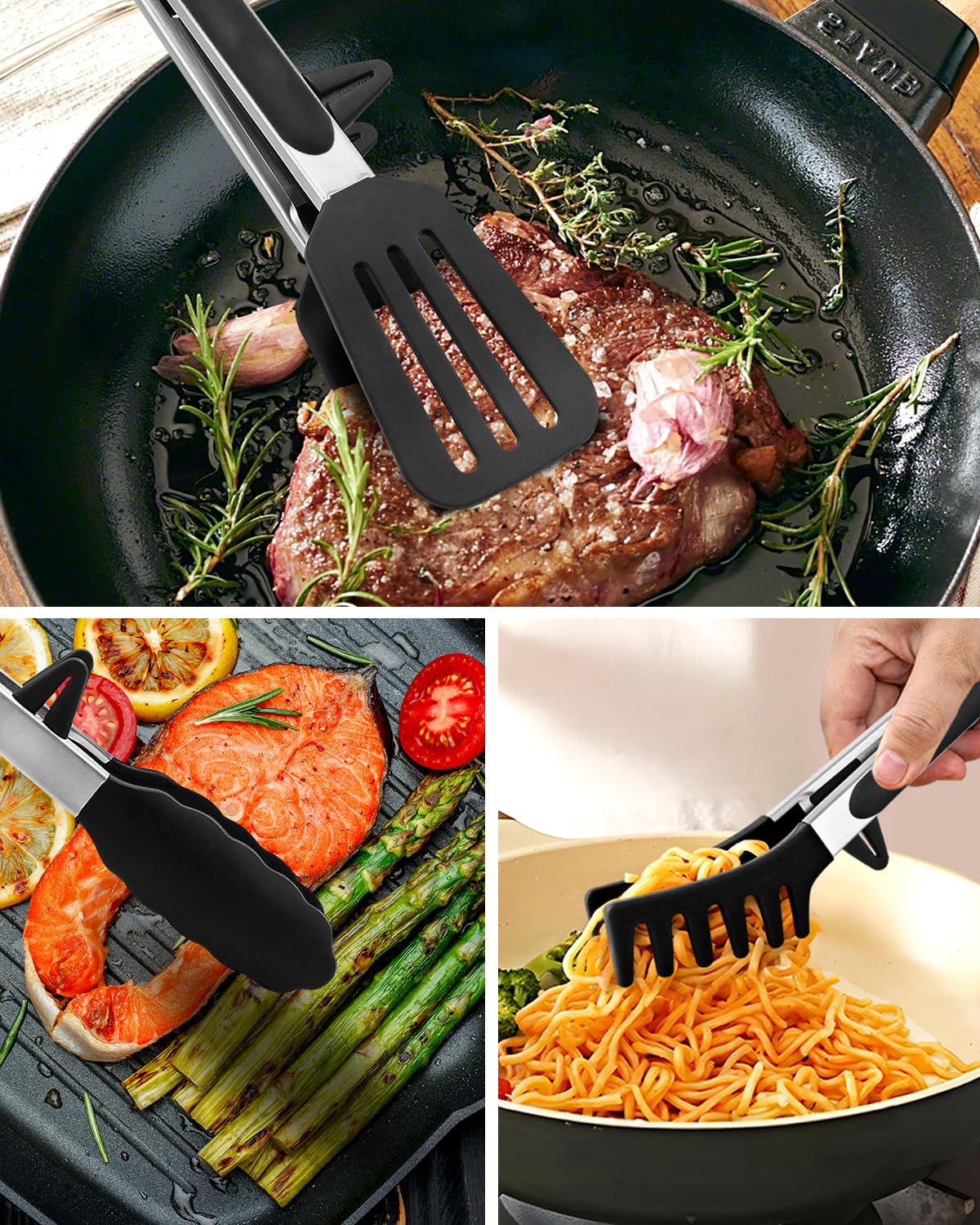 Pinzas de cocina para cocinar, punta de silicona antiarañazos de 9 pulgadas para sartenes antiadherentes, pinzas de servir de grado alimenticio, cierre de tracción, juego de 3, color negro