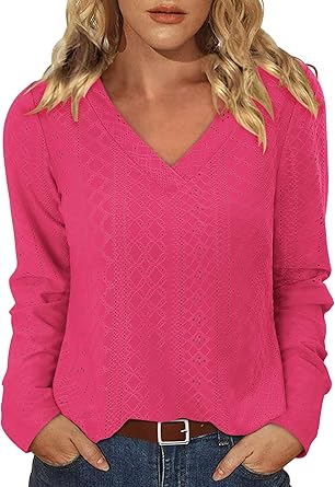 KISSMODA Long Sleeve Fall Shirts For Women V Neck Tunic Tops Embroidered Button Down Knitted Blouses 2025