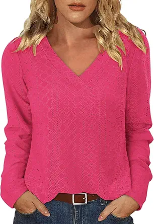KISSMODA Long Sleeve Fall Shirts For Women V Neck Tunic Tops Embroidered Button Down Knitted Blouses 2025