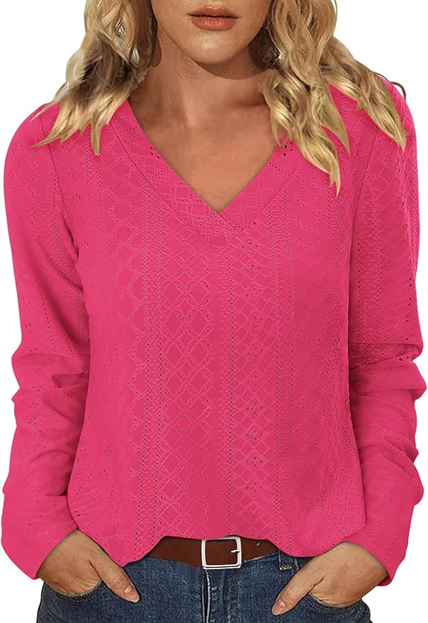 KISSMODA Long Sleeve Fall Shirts For Women V Neck Tunic Tops Embroidered Button Down Knitted Blouses 2025