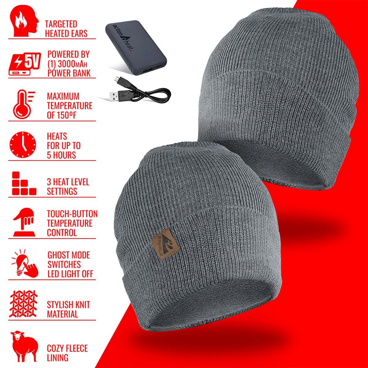 ActionHeat Gorro de punto calentado con batería de 5 V - Gorra recargable para invierno - Calor ajustable 4 horas de calor, Gris, talla única
