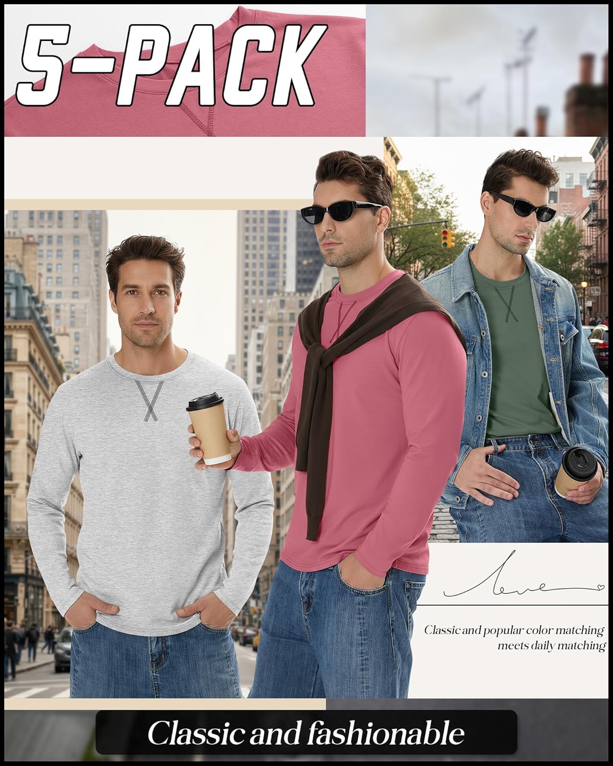 5 Pack Men's Big and Tall Long Sleeve Shirts Crewneck Tops L-7xl Hipster Hip Hop Longline T-Shirts Multipack - Image 2